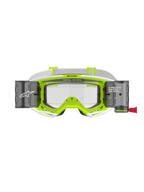Alpinestars Vision 8 Wordmark Roll Off-glasögon, vit och neongul ram, klar lins med integrerade roll-off-behållare, vit vävd rem med 'ONE GOAL. ONE VISION.'-branding, professionellt ögonskydd för motocross