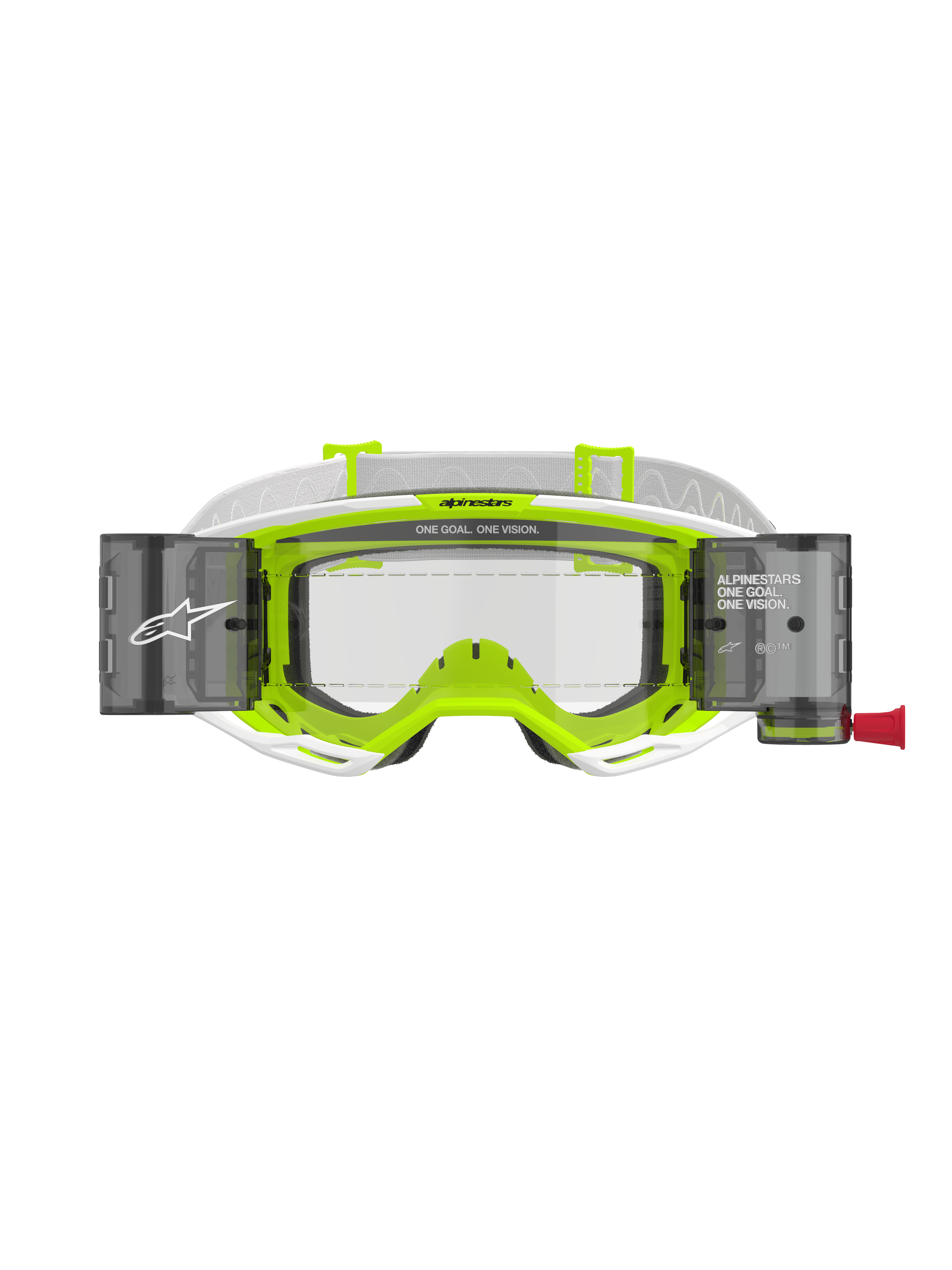 Alpinestars Vision 8 Wordmark Roll Off-glasögon, vit och neongul ram, klar lins med integrerade roll-off-behållare, vit vävd rem med 'ONE GOAL. ONE VISION.'-branding, professionellt ögonskydd för motocross