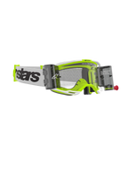 Alpinestars Vision 8 Wordmark Goggles Roll Off, motocrossglasögon, vit och fluorescerande gul ram, klar lins med integrerade roll-off-behållare, vit vävd rem med tydlig svart logotyp, högpresterande glasögon för terrängkörning