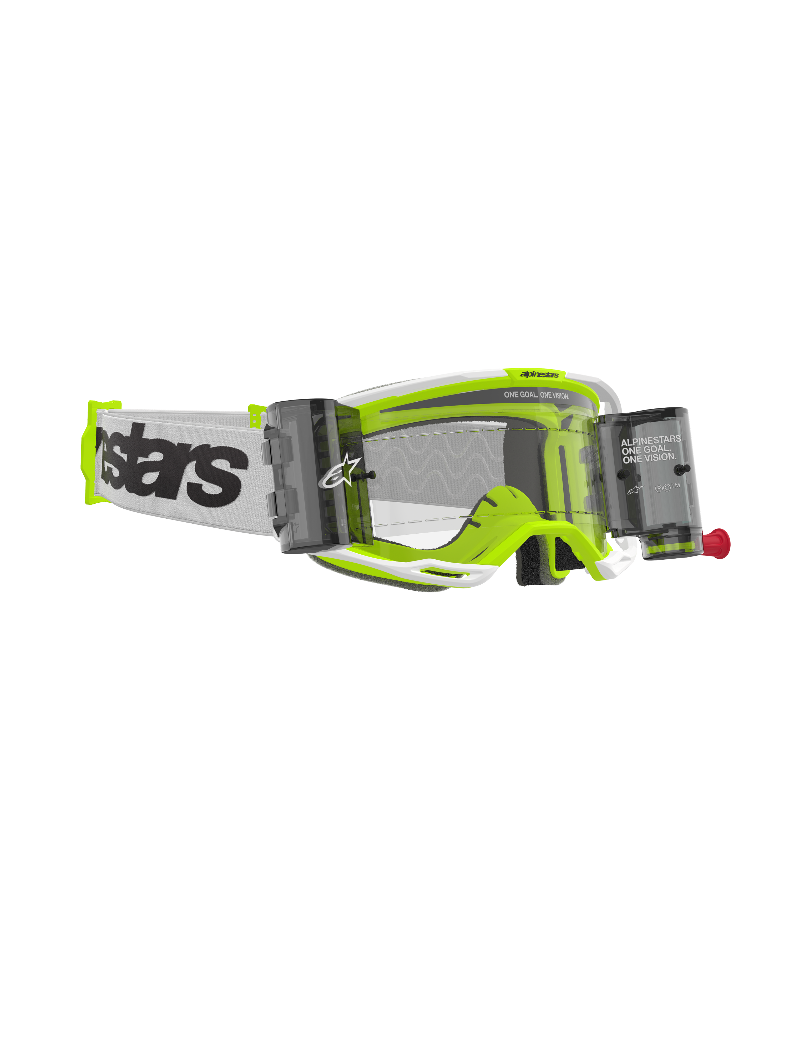Alpinestars Vision 8 Wordmark Goggles Roll Off, motocrossglasögon, vit och fluorescerande gul ram, klar lins med integrerade roll-off-behållare, vit vävd rem med tydlig svart logotyp, högpresterande glasögon för terrängkörning