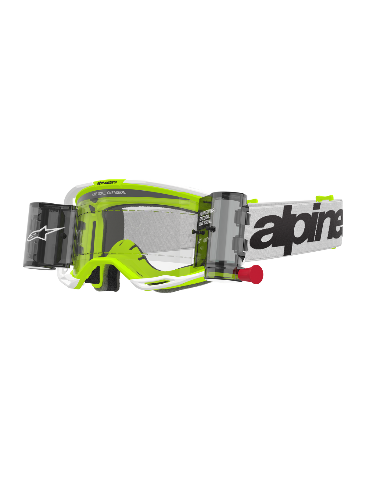 Alpinestars Vision 8 Wordmark Goggles Roll Off, motocrossglasögon, vit och fluorescerande gul, genomskinlig lins med roll-off-system, vit rem med svart Alpinestars-text, röd dragflik, professionellt ögonskydd för terrängracing