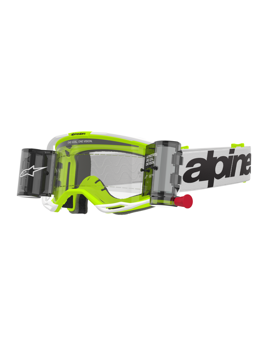 Alpinestars Vision 8 Wordmark Goggles Roll Off, motocrossglasögon, vit och fluorescerande gul, genomskinlig lins med roll-off-system, vit rem med svart Alpinestars-text, röd dragflik, professionellt ögonskydd för terrängracing