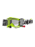 Alpinestars Vision 8 Wordmark Goggles Roll Off, motocrossglasögon, vit och fluorescerande gul, genomskinlig lins med roll-off-system, vit rem med svart Alpinestars-text, röd dragflik, professionellt ögonskydd för terrängracing