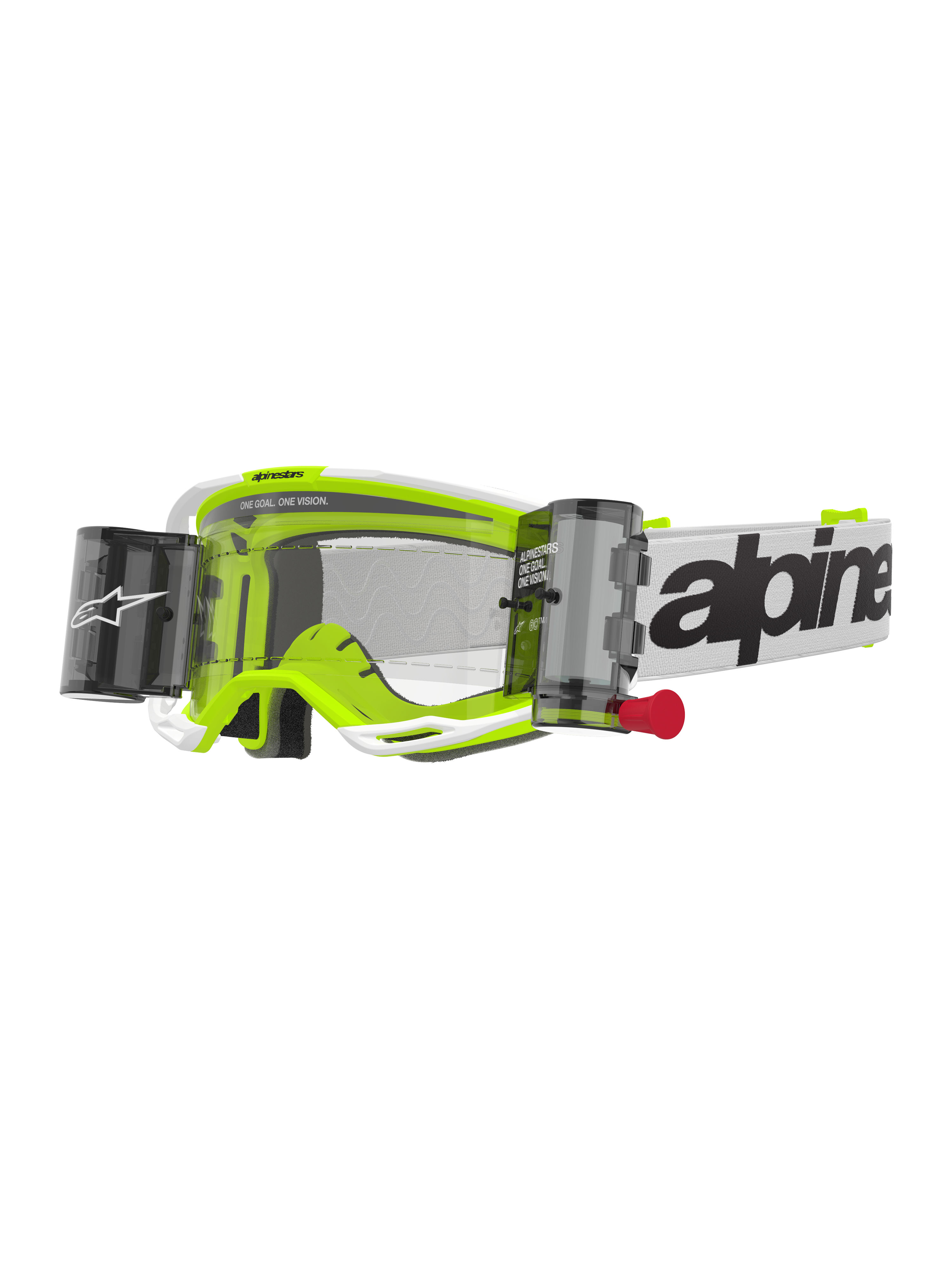 Alpinestars Vision 8 Wordmark Goggles Roll Off, motocrossglasögon, vit och fluorescerande gul, genomskinlig lins med roll-off-system, vit rem med svart Alpinestars-text, röd dragflik, professionellt ögonskydd för terrängracing