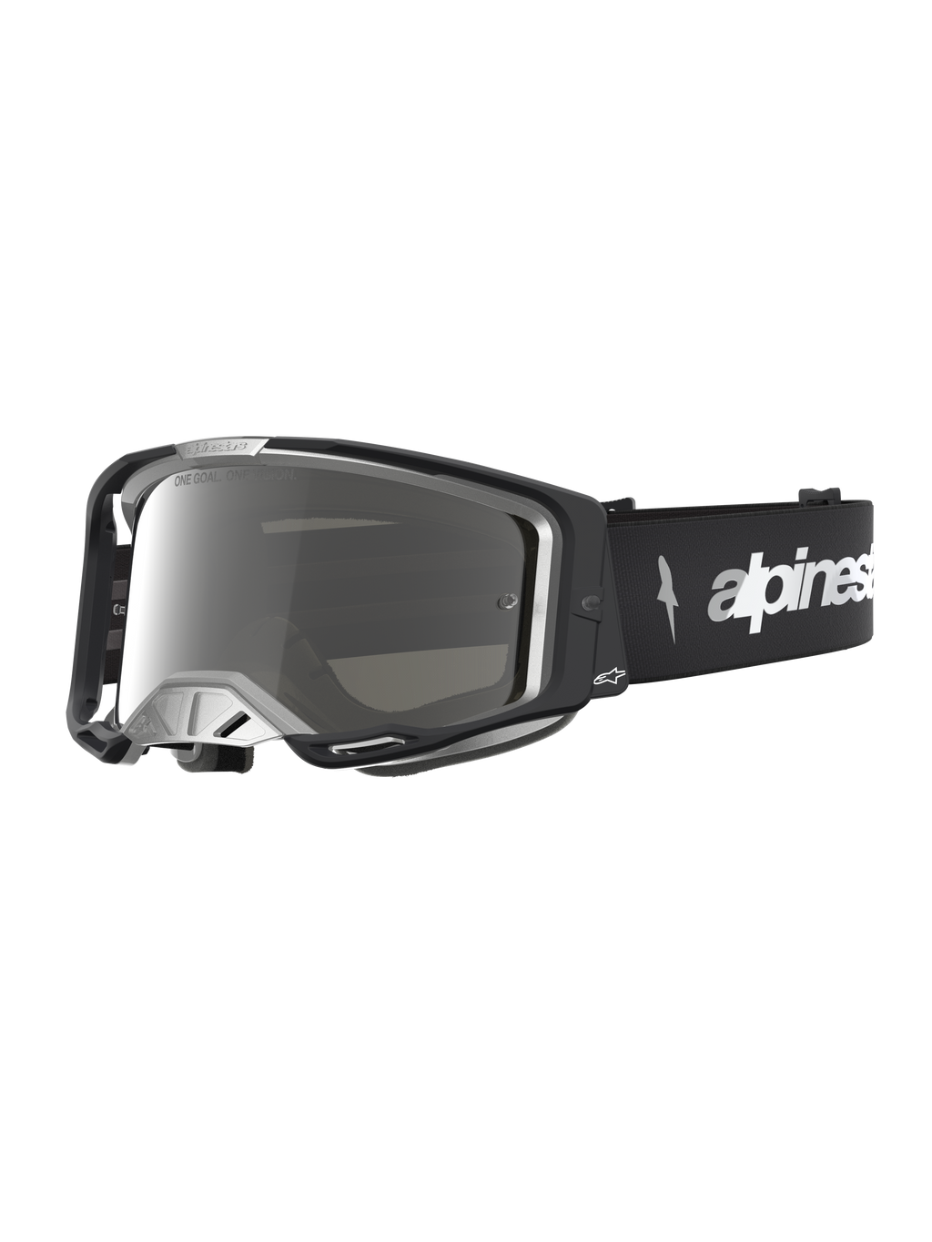 Alpinestars Vision 8 Amber Mirror goggles, svarta och silverfärgade motocrossgoggles med A-FLEX-ram och spegellins.