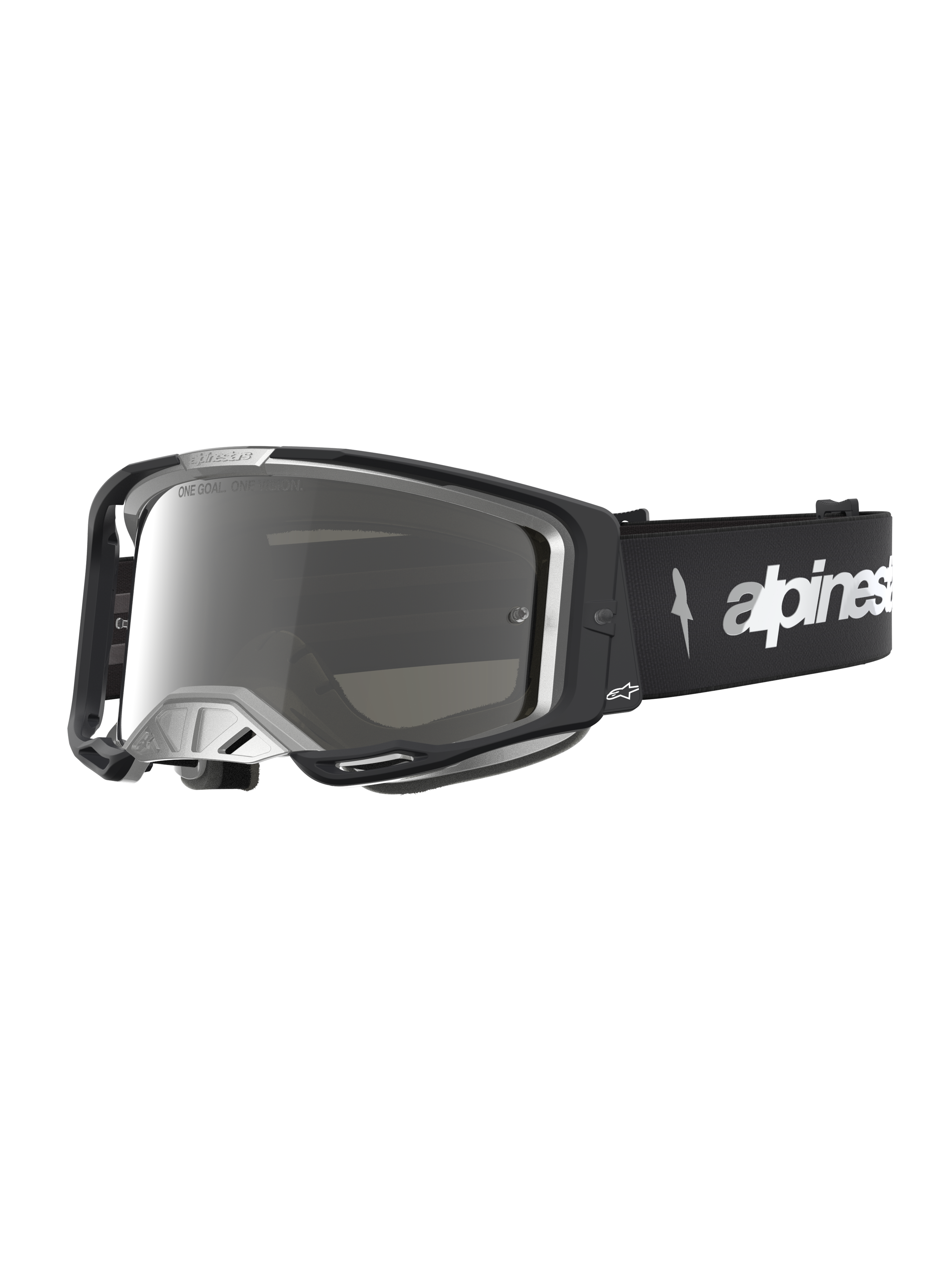 Alpinestars Vision 8 Amber Mirror goggles, svarta och silverfärgade motocrossgoggles med A-FLEX-ram och spegellins.