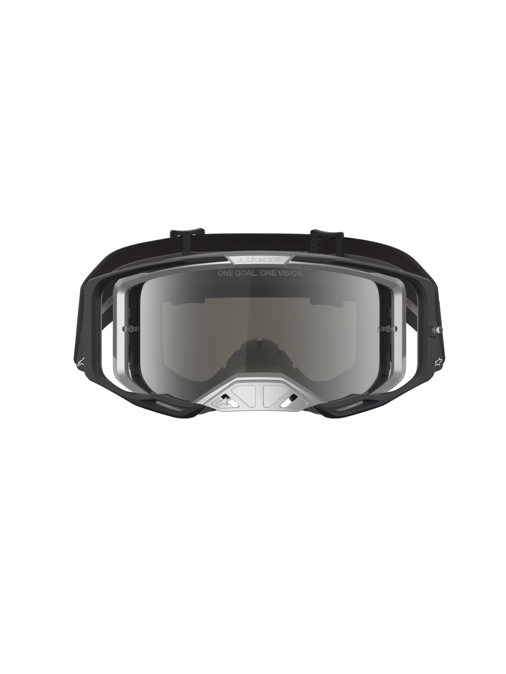 Alpinestars Vision 8 Amber Mirror goggles, svarta och silverfärgade motocross-goggles med imskyddad spegellins, flexibel A-FLEX-ram och RAM-AIR-ventilation för terrängkörning.