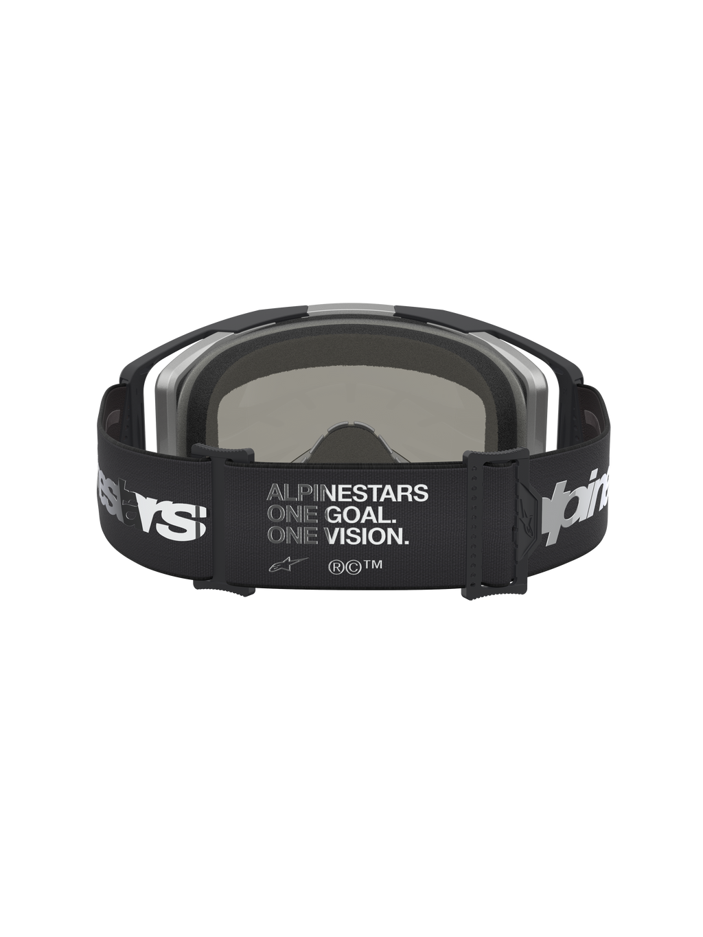 Alpinestars Vision 8 Amber Mirror goggles, svarta och silver motocross-goggles, brett logotypband med slogan, vy bakifrån.