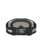 Alpinestars Vision 8 Amber Mirror goggles, svarta och silver motocross-goggles, brett logotypband med slogan, vy bakifrån.