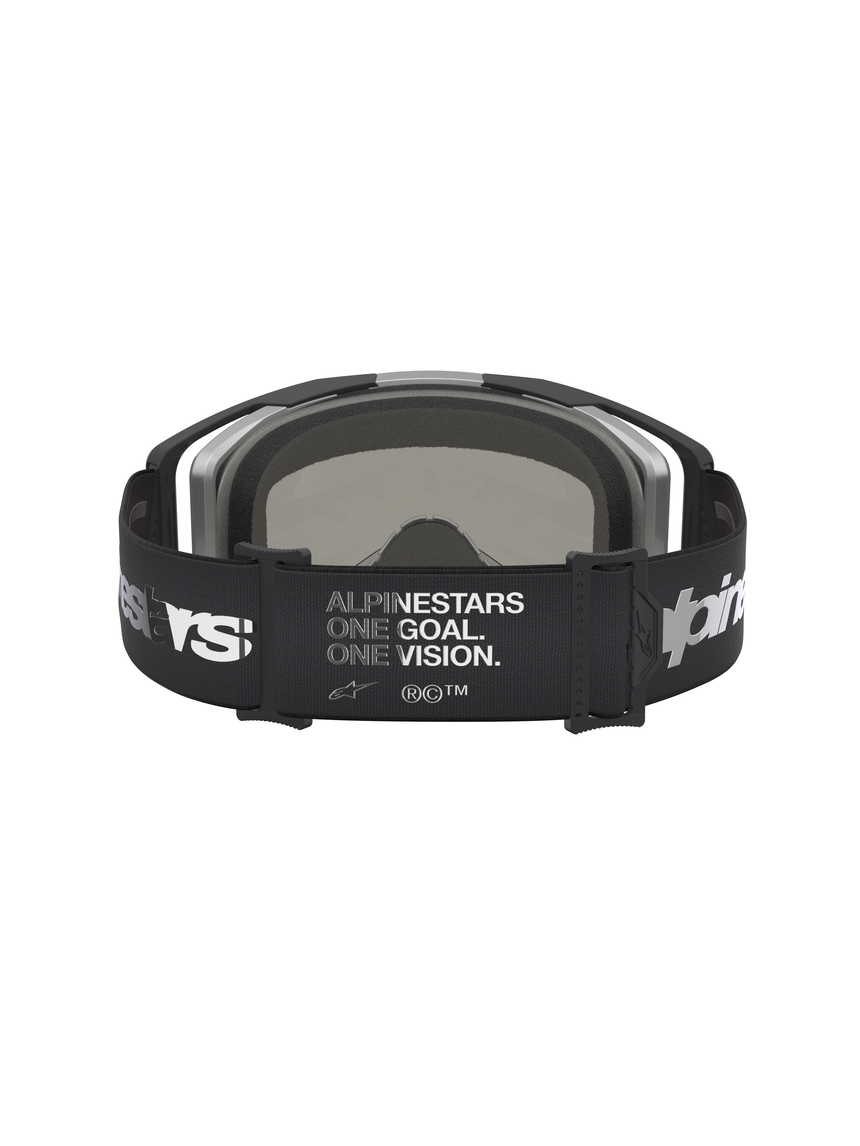 Alpinestars Vision 8 Amber Mirror goggles, svarta och silver motocross-goggles, brett logotypband med slogan, vy bakifrån.
