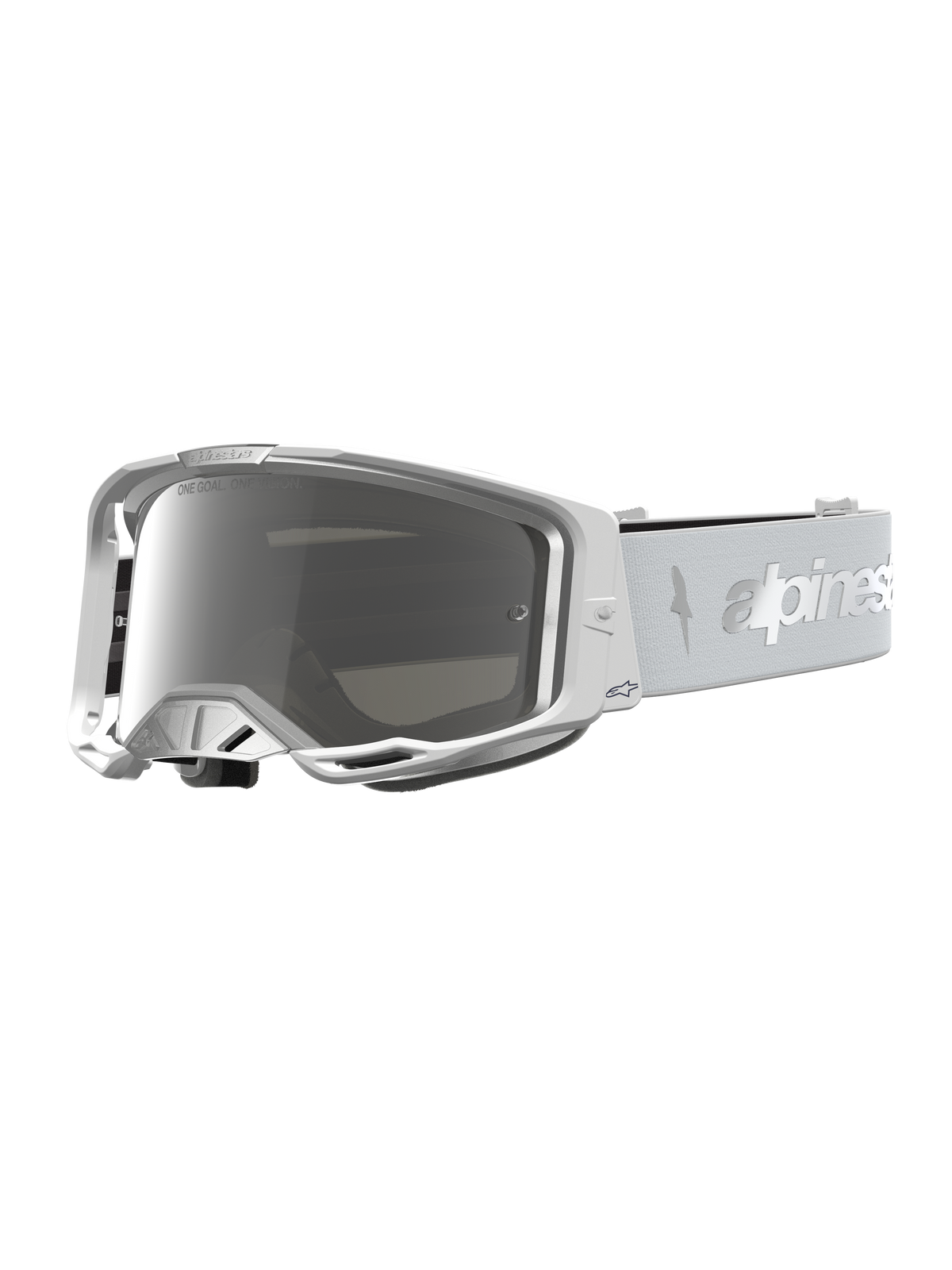 Alpinestars Vision 8 Amber goggles, vita och silverfärgade motocross-goggles med silverfärgad spegellins och imskydd.