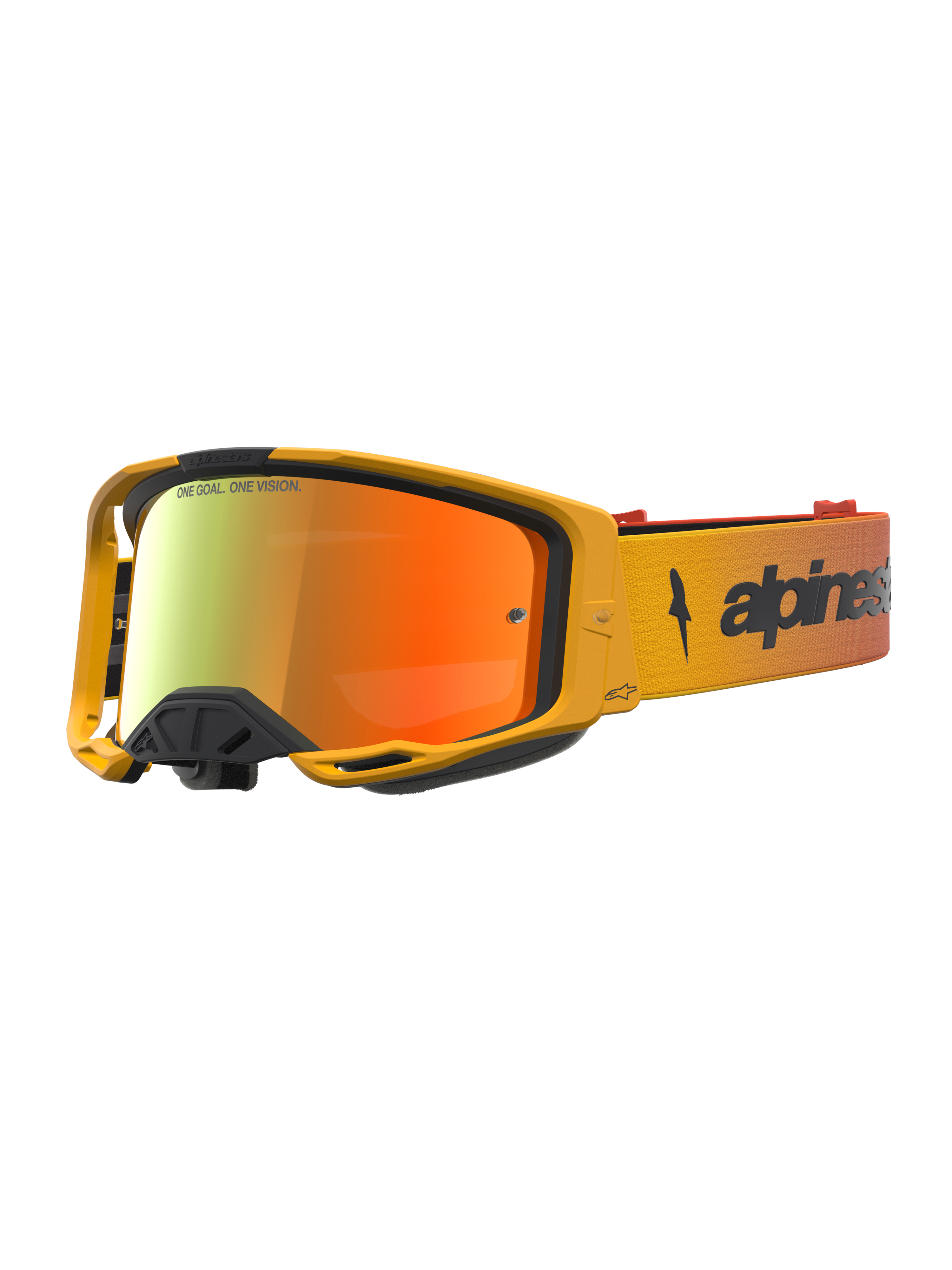 Alpinestars Vision 8 Amber Mirror Goggles for Motocross, featuring a yellow and red frame with a Mirror Red lens.