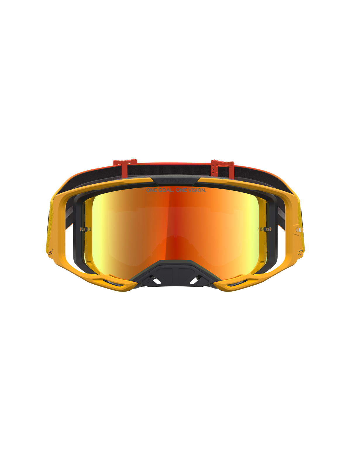 Alpinestars Vision 8 Amber Mirror goggles, motocross-goggles med gul ram, röd spegellins och RAM-AIR-ventilation.