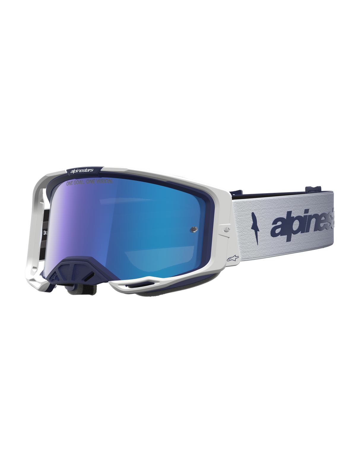 Alpinestars Vision 8 Amber Spegel Goggles, marinblå och vita motocross-glasögon med blå spegellins, A-FLEX-ram och ventilation.