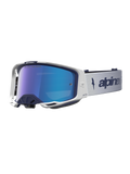 Alpinestars Vision 8 Amber Spegel Goggles, marinblå och vita motocross-glasögon med blå spegellins, A-FLEX-ram och ventilation.