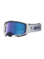 Alpinestars Vision 8 Amber Spegel Goggles, marinblå och vita motocross-glasögon med blå spegellins, A-FLEX-ram och ventilation.