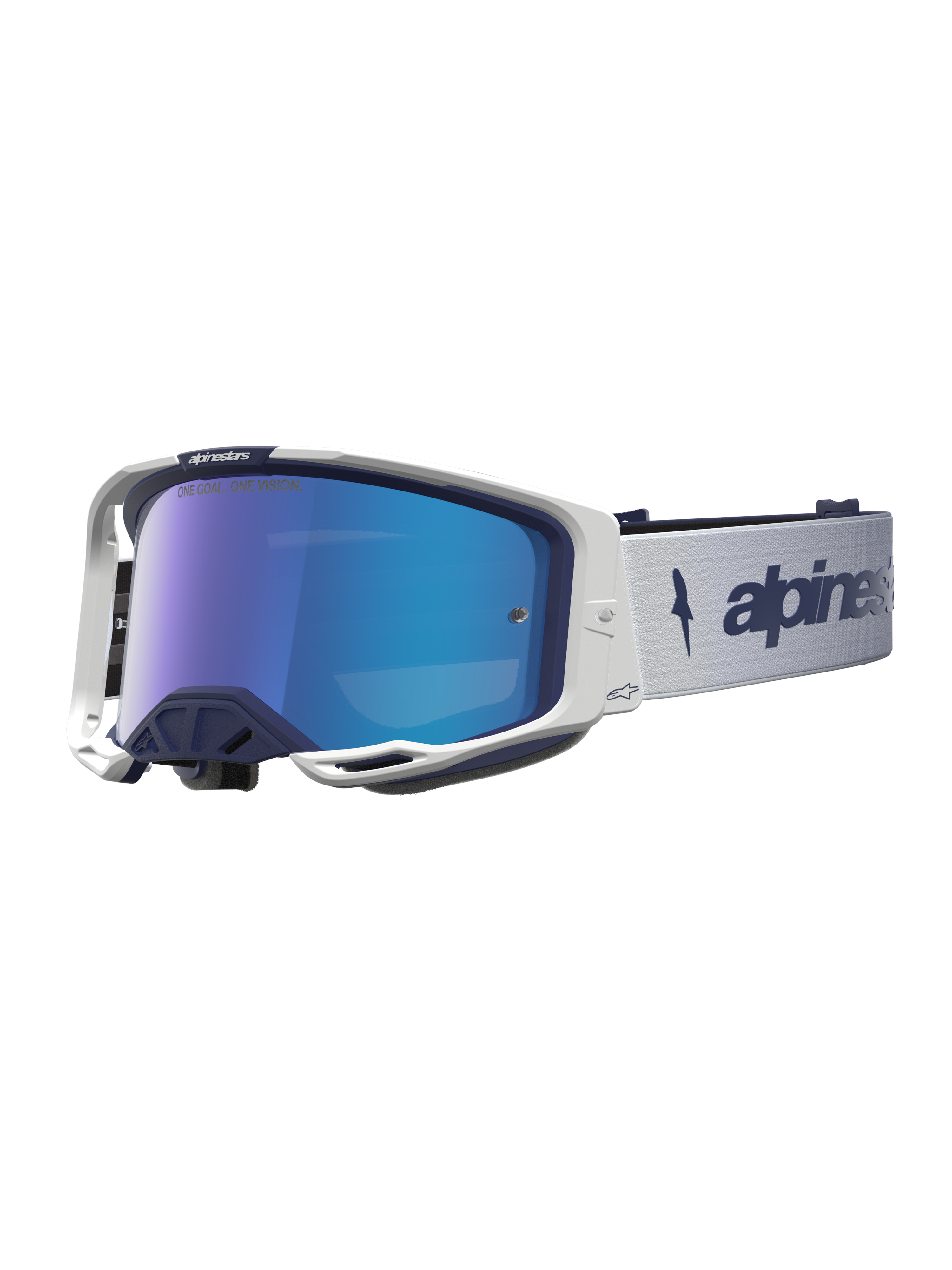 Alpinestars Vision 8 Amber Spegel Goggles, marinblå och vita motocross-glasögon med blå spegellins, A-FLEX-ram och ventilation.