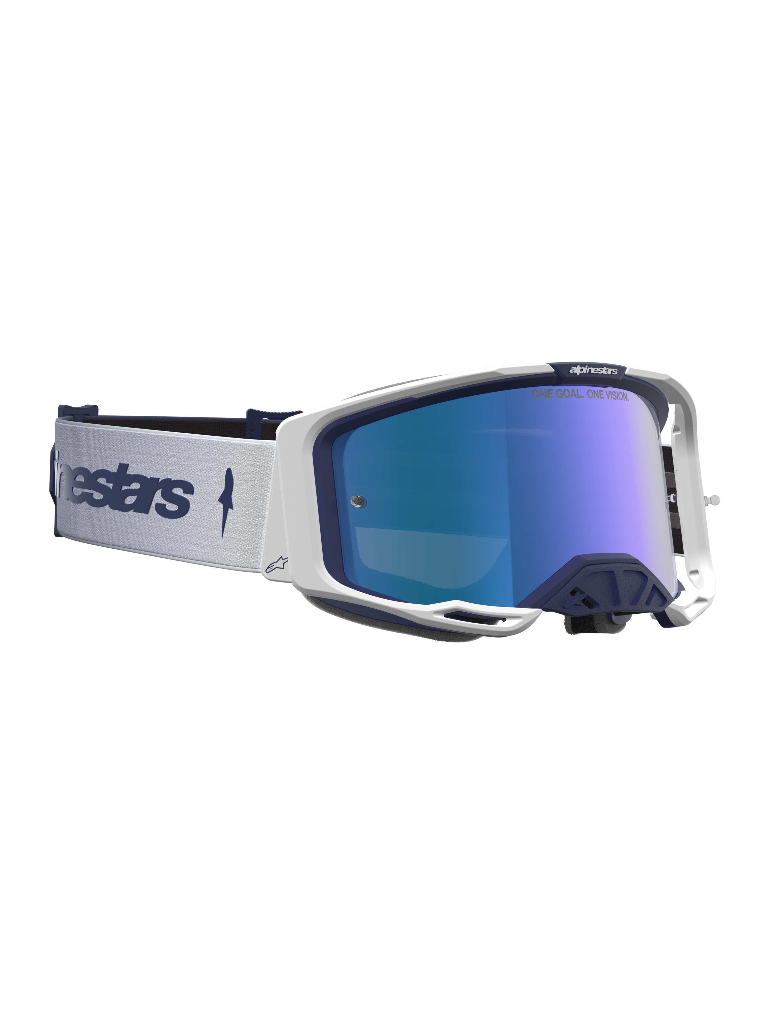 Alpinestars Vision 8 Amber Spegel Goggles, motorcrossglasögon i marinblått och vitt med blå spegellins, RAM-AIR-ventilation och flexibel A-FLEX-ram för terrängkörning