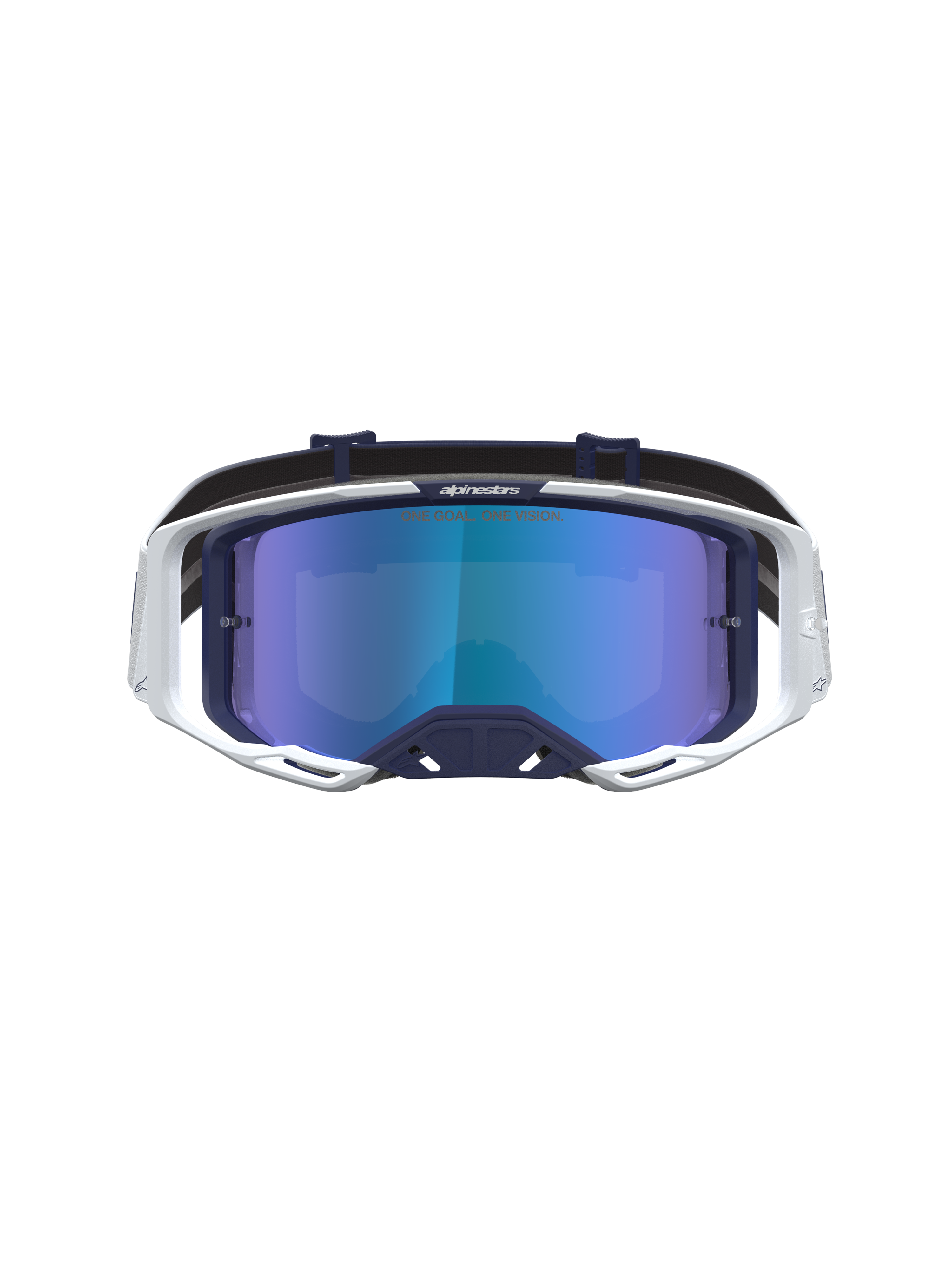Alpinestars Vision 8 Amber goggles för motocross, mörkblå och vit ram med blå spegellins och RAM-AIR-ventilation.