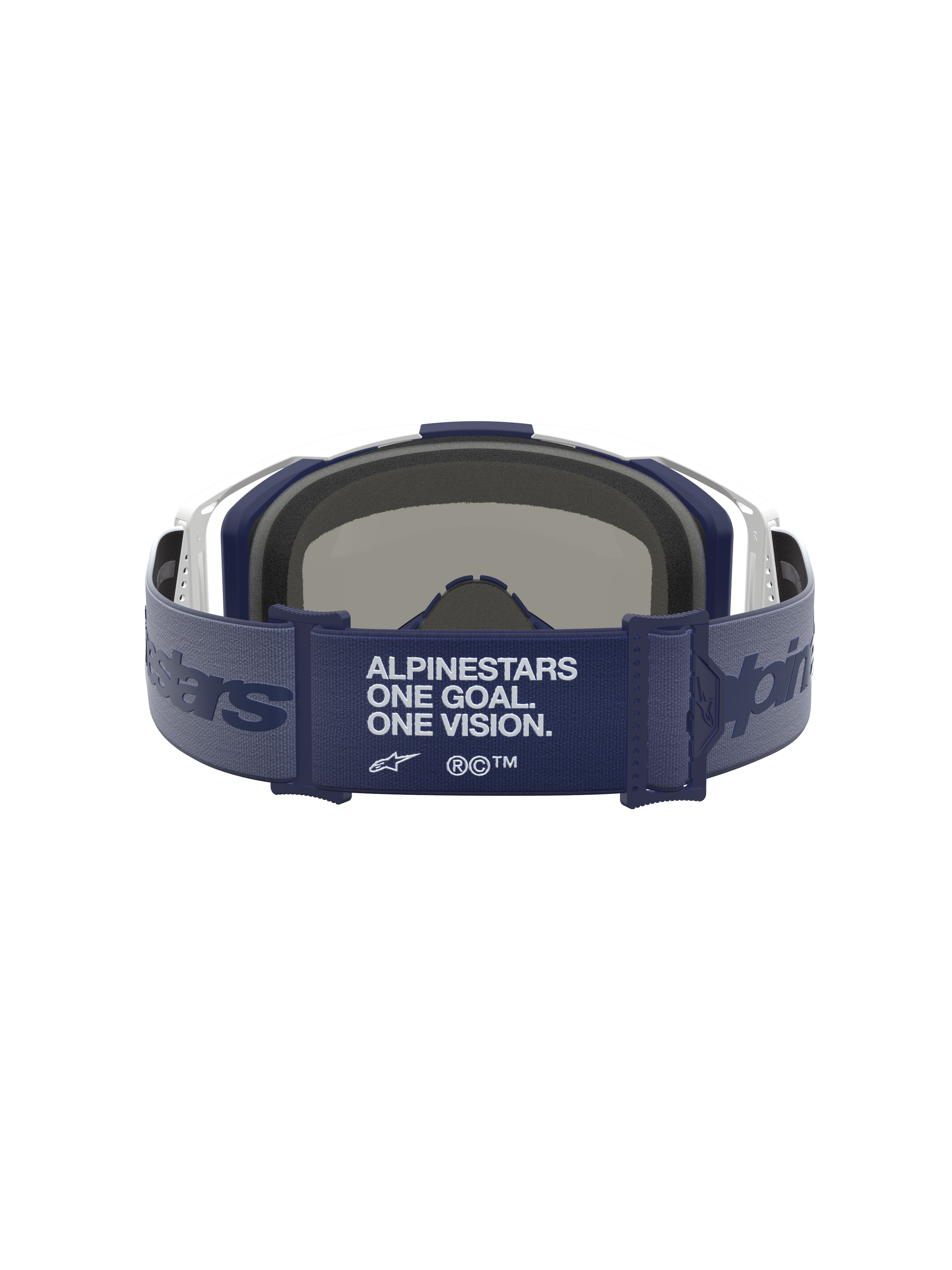 Alpinestars Vision 8 Amber spegelgoggles för motocross, blå rem med märkesmanifest, vit ram och 3D-format ansiktsskum.