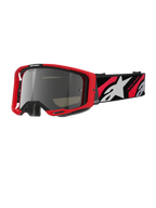 Alpinestars Vision 8 Luar Goggles, Motocross Off-Road Goggles, Red and Black Frame, Silver Mirror Lens, Wide adjustable strap featuring white star logo and 'One Goal. One Vision.' text, performance design for dirt bike racing