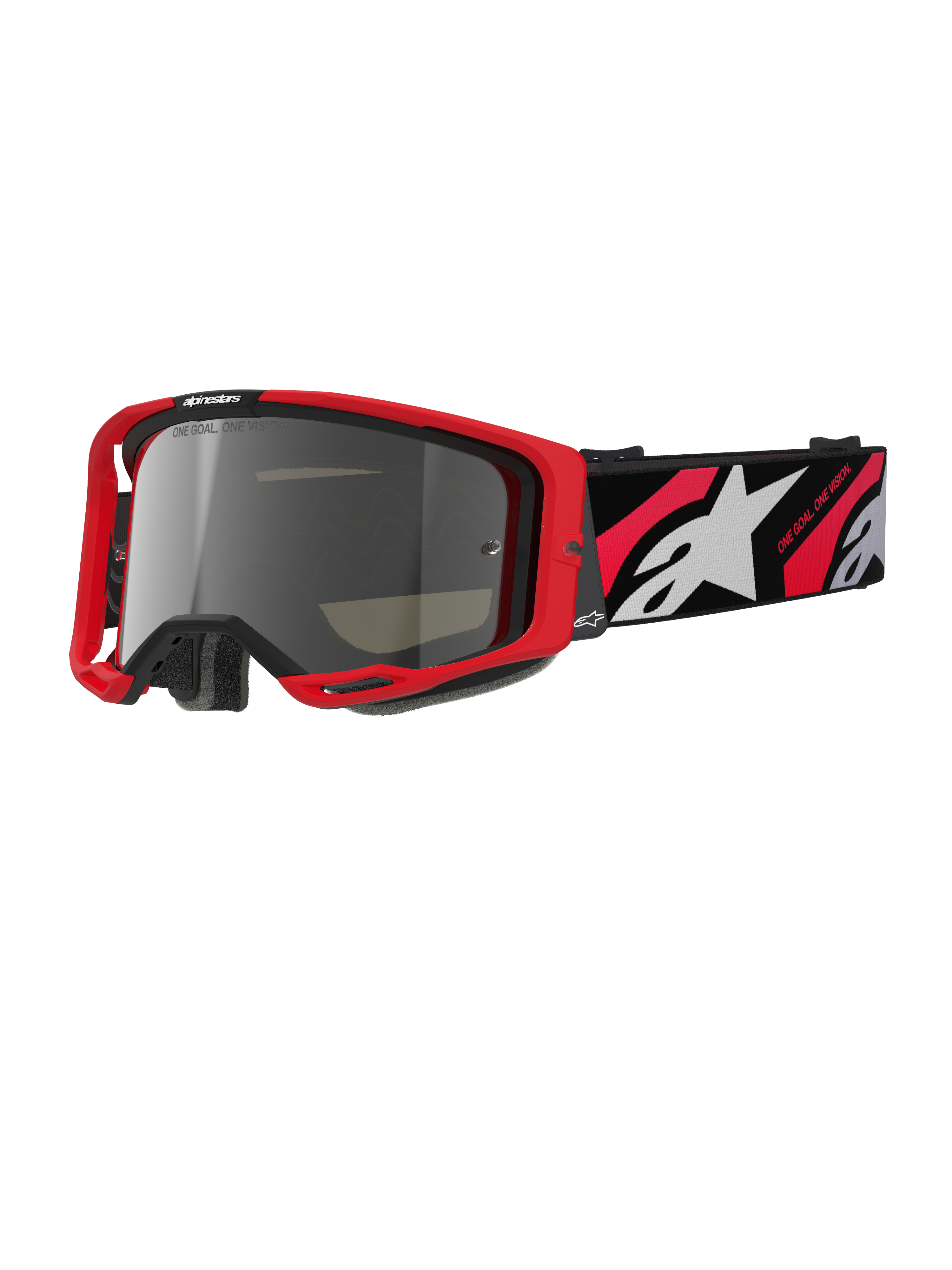 Alpinestars Vision 8 Luar Goggles, Motocross Off-Road Goggles, Red and Black Frame, Silver Mirror Lens, Wide adjustable strap featuring white star logo and 'One Goal. One Vision.' text, performance design for dirt bike racing
