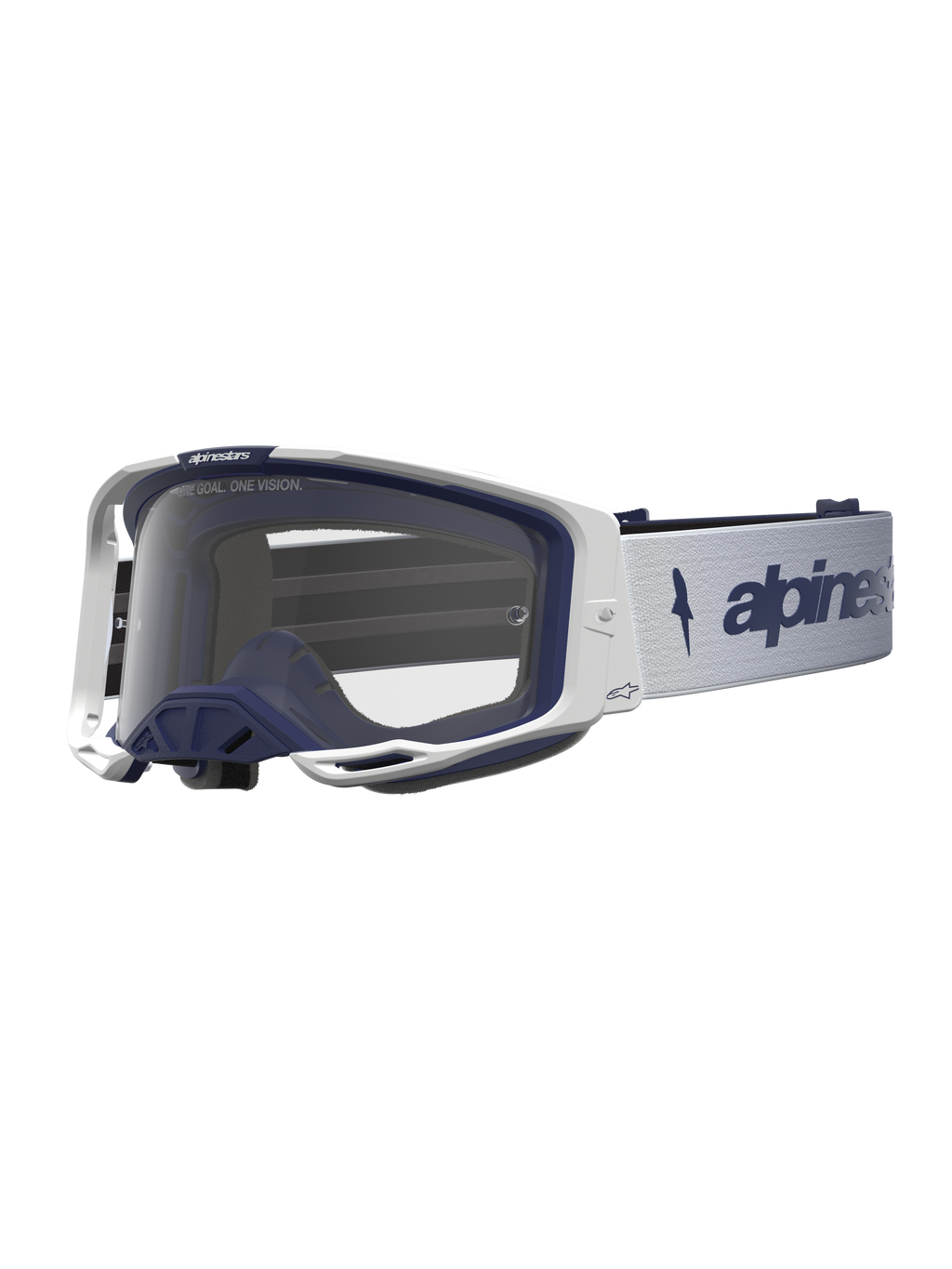 Alpinestars Vision 8 Amber goggles, vita och marinblå motocrossgoggles med klar lins, RAM-AIR-ventilation och A-FLEX-ram.