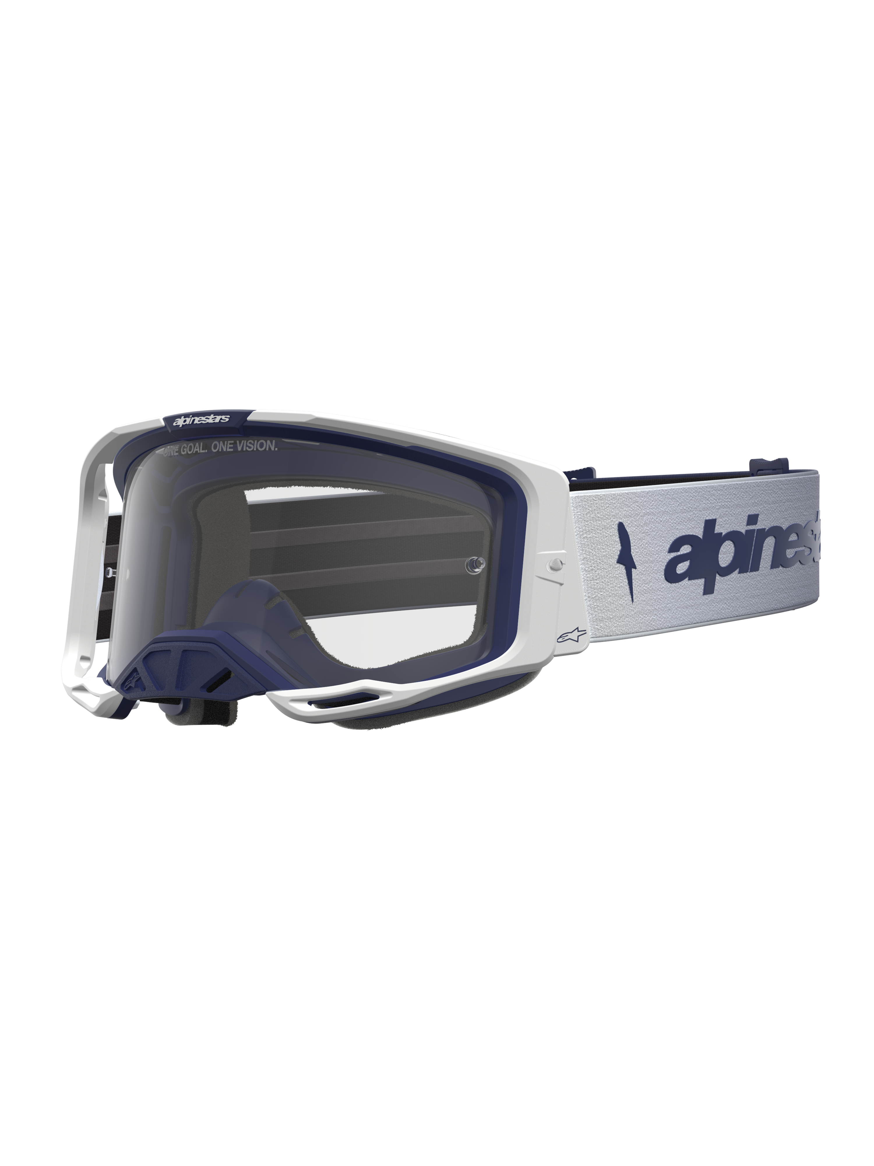 Alpinestars Vision 8 Amber Goggles, White and Navy Motocross Goggles with clear lens and RAM-AIR ventilation.