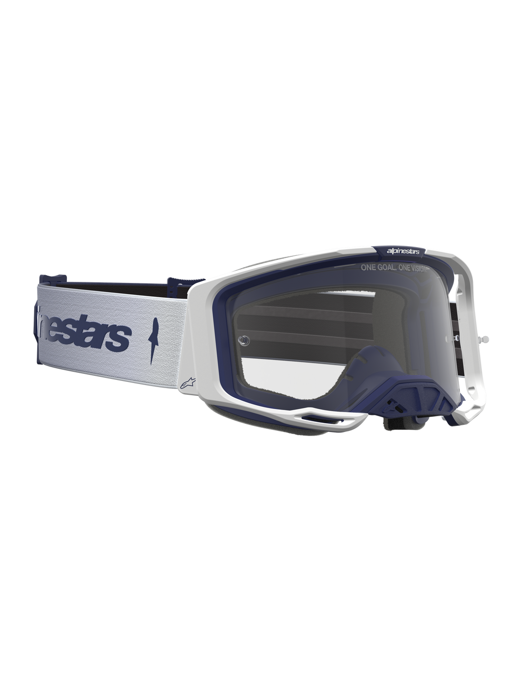 Alpinestars Vision 8 Amber Goggles, motocrossgoggles för racing, vita och marinblå med klar lins, A-FLEX-ram och RAM-AIR-ventilation.