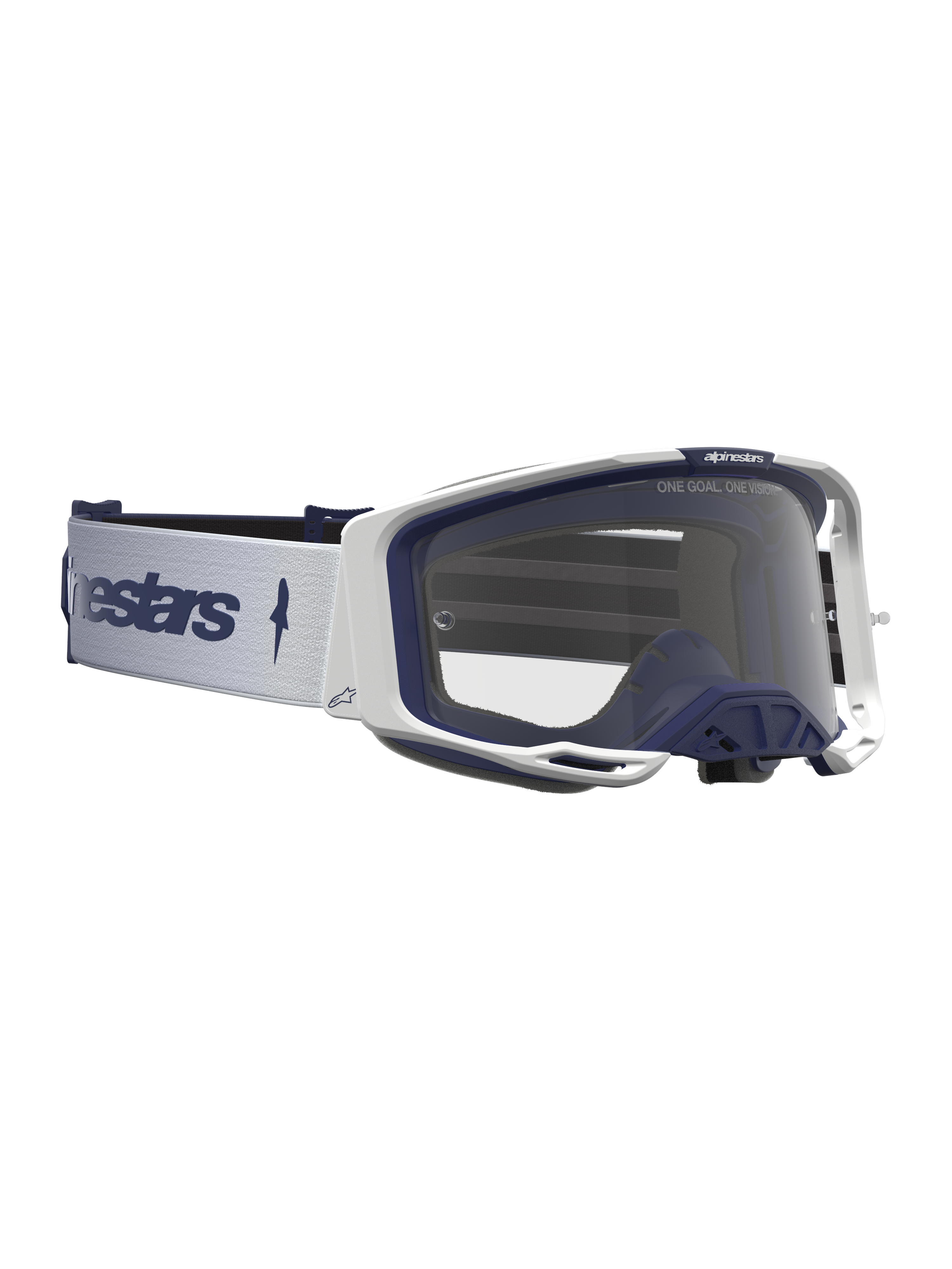 Alpinestars Vision 8 Amber Goggles, motocrossgoggles för racing, vita och marinblå med klar lins, A-FLEX-ram och RAM-AIR-ventilation.