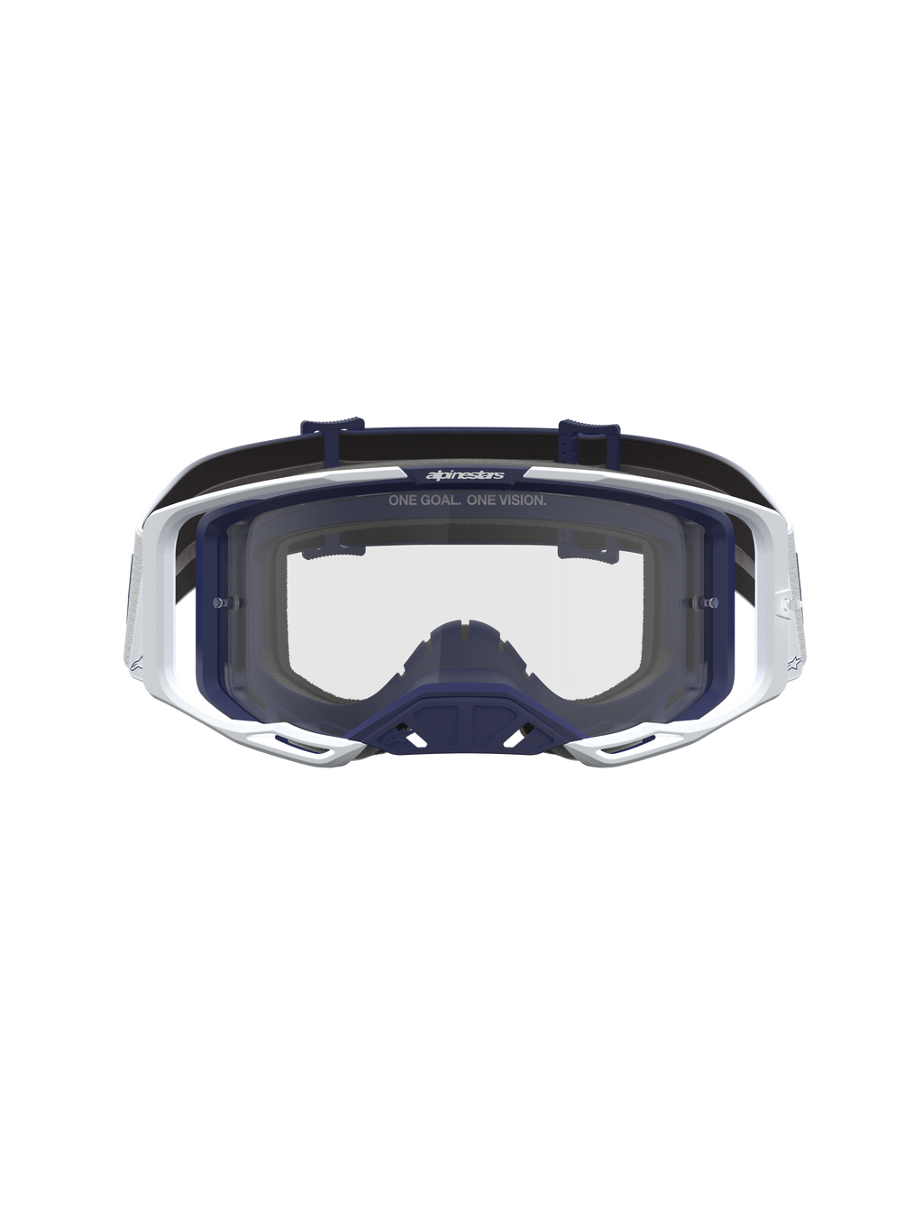 Alpinestars Vision 8 Amber goggles, unisex motocrossglasögon i vitt och marinblått med klar lins och A-FLEX-ram.