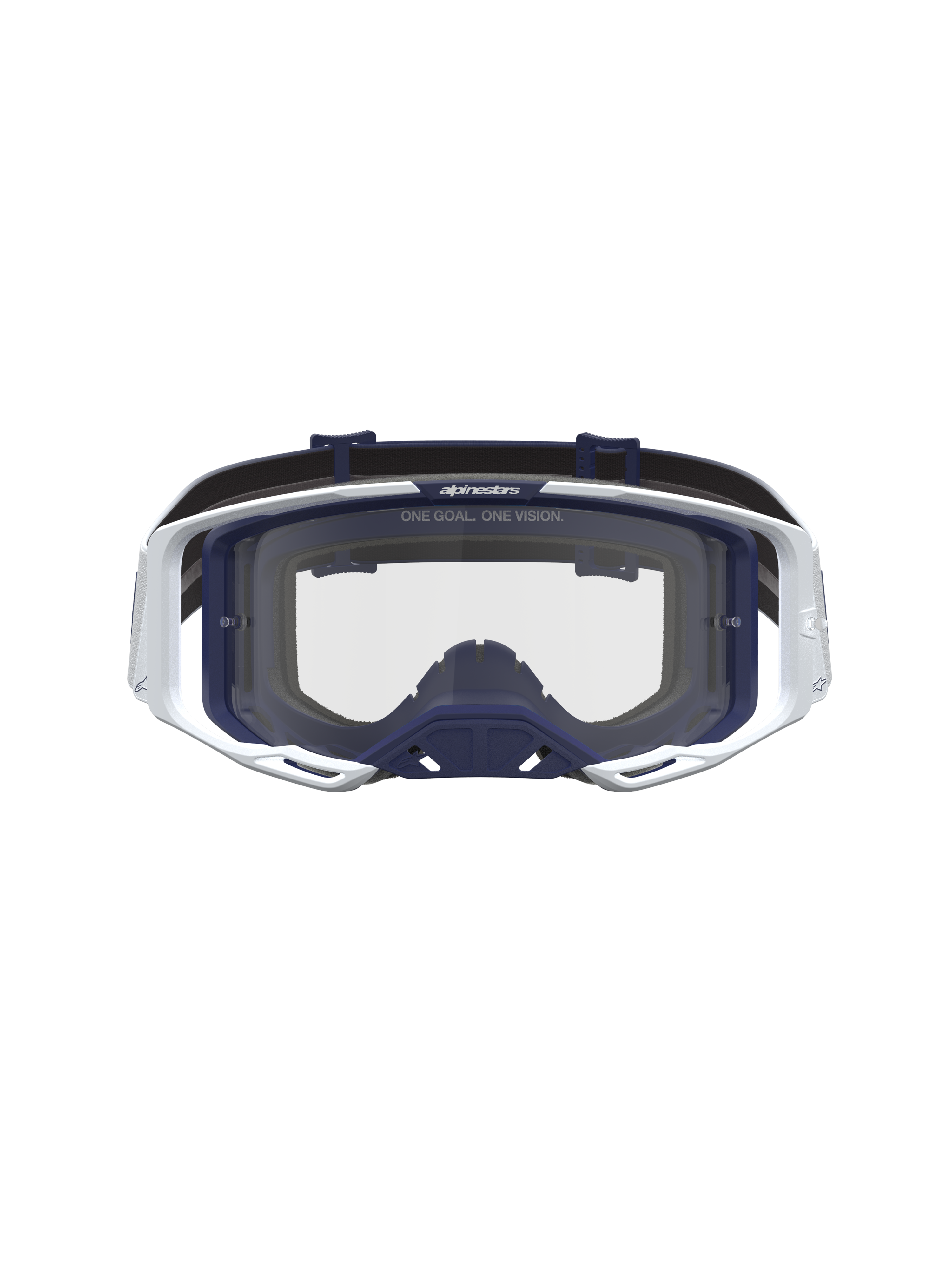 Alpinestars Vision 8 Amber goggles, unisex motocrossglasögon i vitt och marinblått med klar lins och A-FLEX-ram.