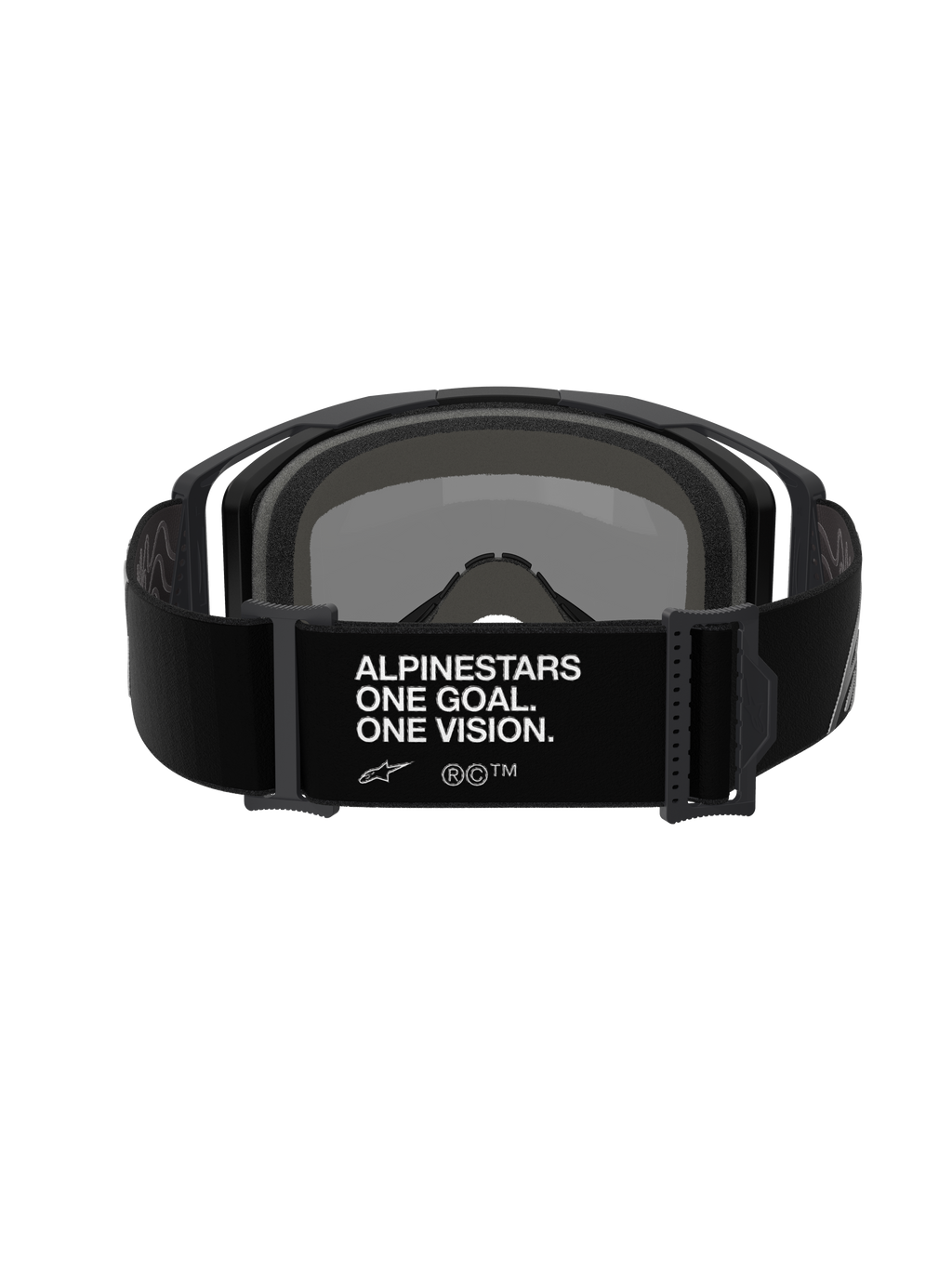 Alpinestars Vision 8 Corp Goggles, motocrossglasögon, vy bakifrån av svart justerbar rem med vit 'ALPINESTARS ONE GOAL. ONE VISION.'-branding, svart ram och skumvaddering