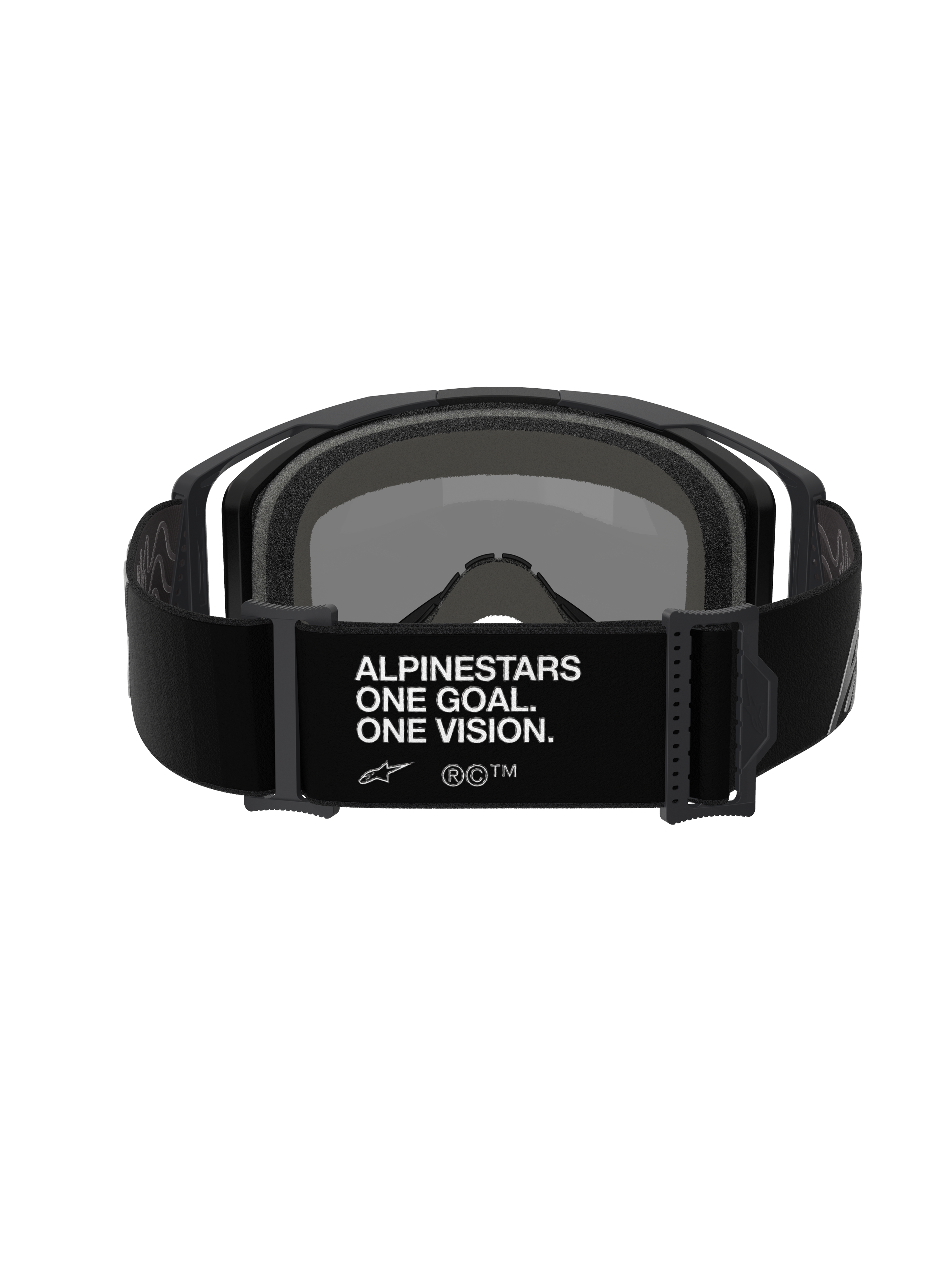 Alpinestars Vision 8 Corp Goggles, motocrossglasögon, vy bakifrån av svart justerbar rem med vit 'ALPINESTARS ONE GOAL. ONE VISION.'-branding, svart ram och skumvaddering