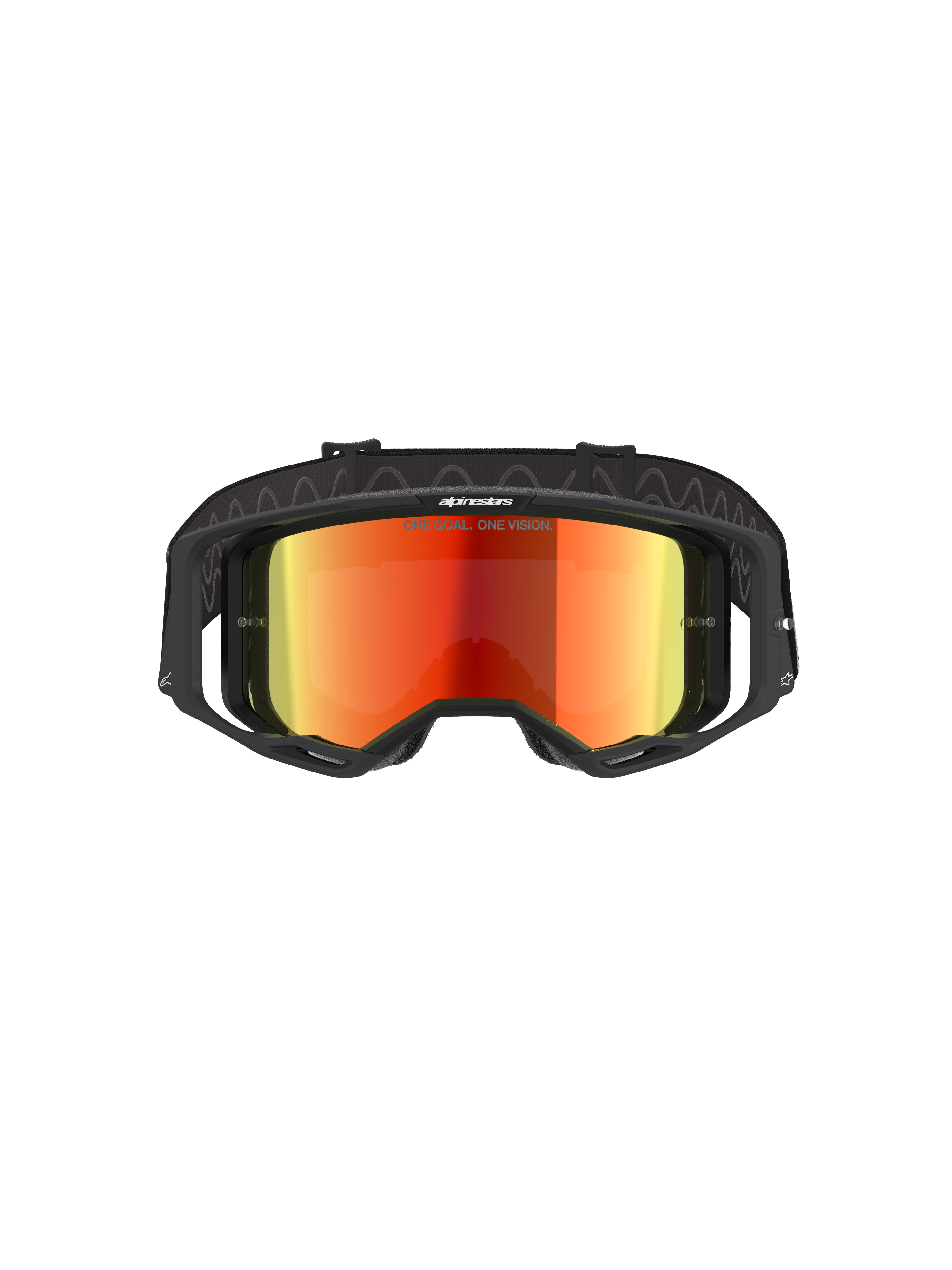 Alpinestars Vision 8 Corp-glasögon, motocrossglasögon, svarta med spegelröd lins, vy framifrån med en röd reflekterande lins med texten 'ONE GOAL. ONE VISION.', svart ram med RAM-AIR-ventilation, justerbart svart band, professionellt ögonskydd för terrängkörning