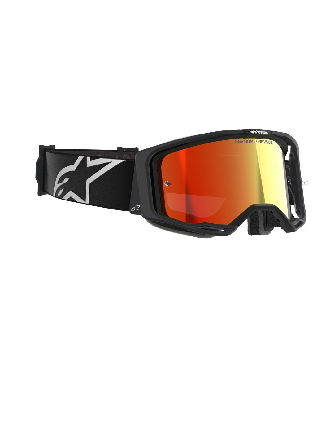 Alpinestars Vision 8 Corp Goggles, motocrossglasögon, svarta med Mirror Red-lins, med ett svart band med en vit Alpinestars-logotyp och texten ”ONE GOAL. ONE VISION.” på linsen, högpresterande ögonskydd för terrängkörning