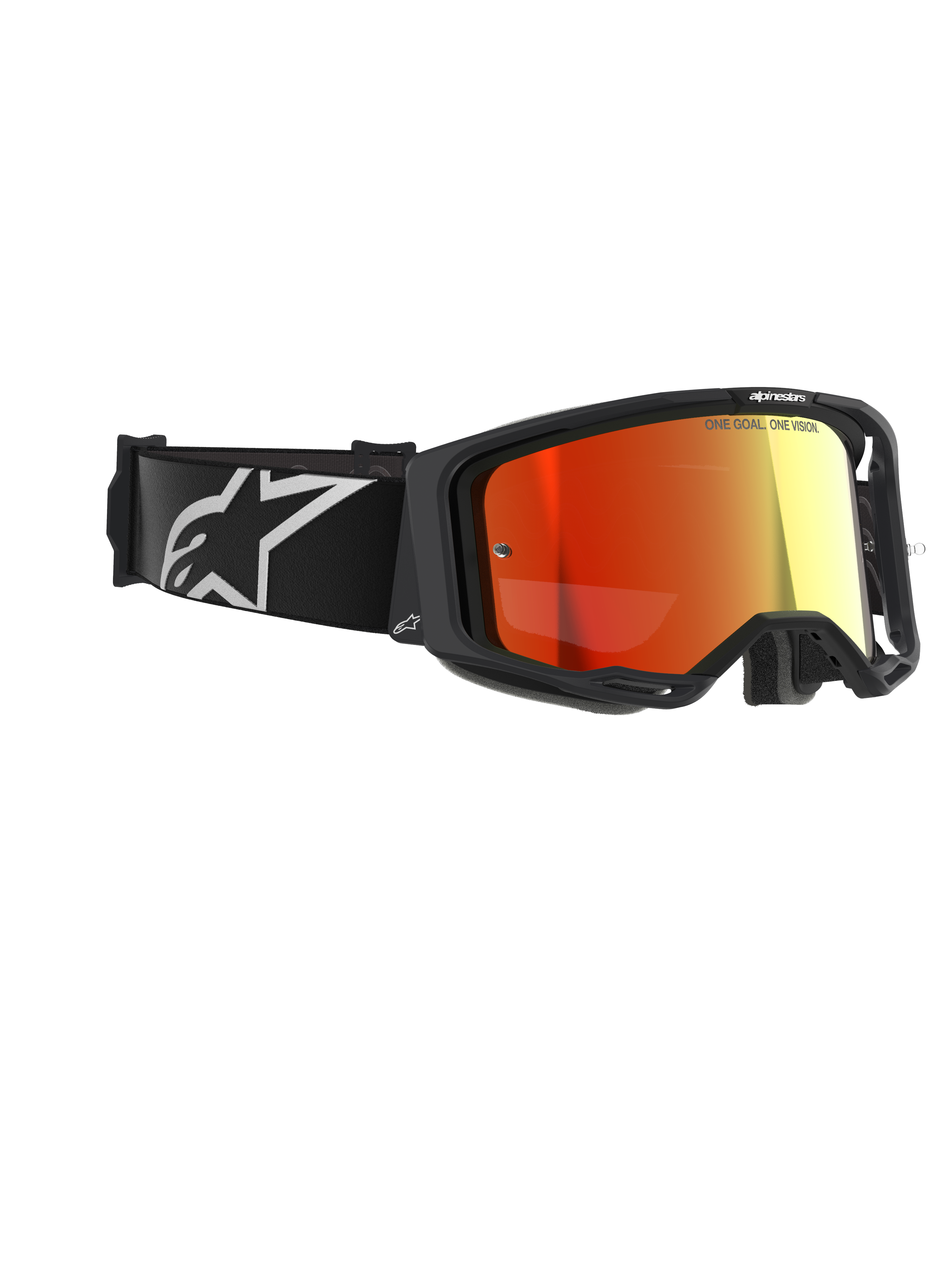 Alpinestars Vision 8 Corp Goggles, motocrossglasögon, svarta med Mirror Red-lins, med ett svart band med en vit Alpinestars-logotyp och texten ”ONE GOAL. ONE VISION.” på linsen, högpresterande ögonskydd för terrängkörning
