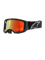 Alpinestars Vision 8 Corp skyddsglasögon, motocrossglasögon, svarta med röd spegellins, reflekterande gradient från gult till rött, justerbart svart band med stor vit stjärnlogotyp, grå ansiktsskumvaddering, högpresterande design för terrängkörning