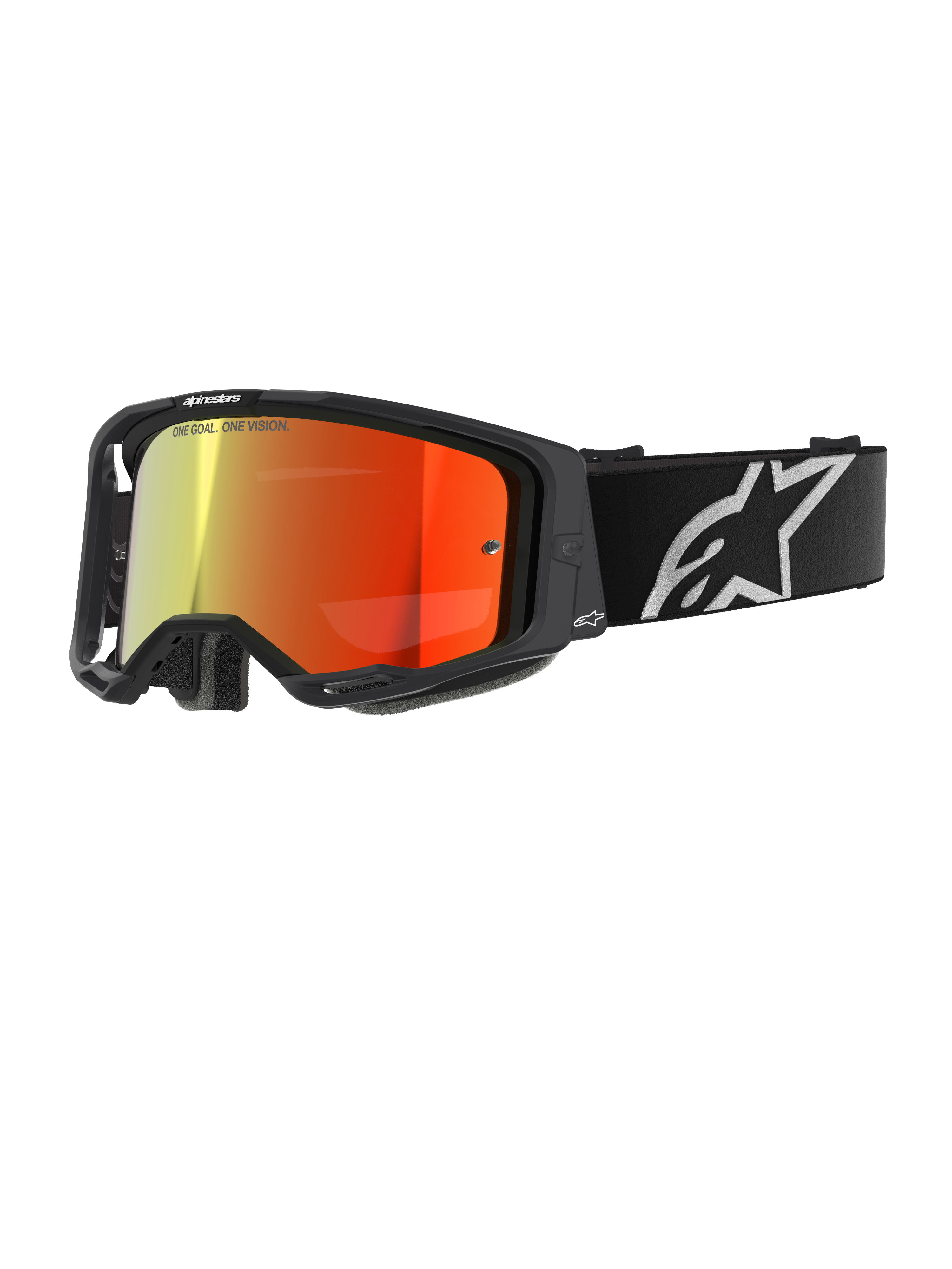 Alpinestars Vision 8 Corp skyddsglasögon, motocrossglasögon, svarta med röd spegellins, reflekterande gradient från gult till rött, justerbart svart band med stor vit stjärnlogotyp, grå ansiktsskumvaddering, högpresterande design för terrängkörning