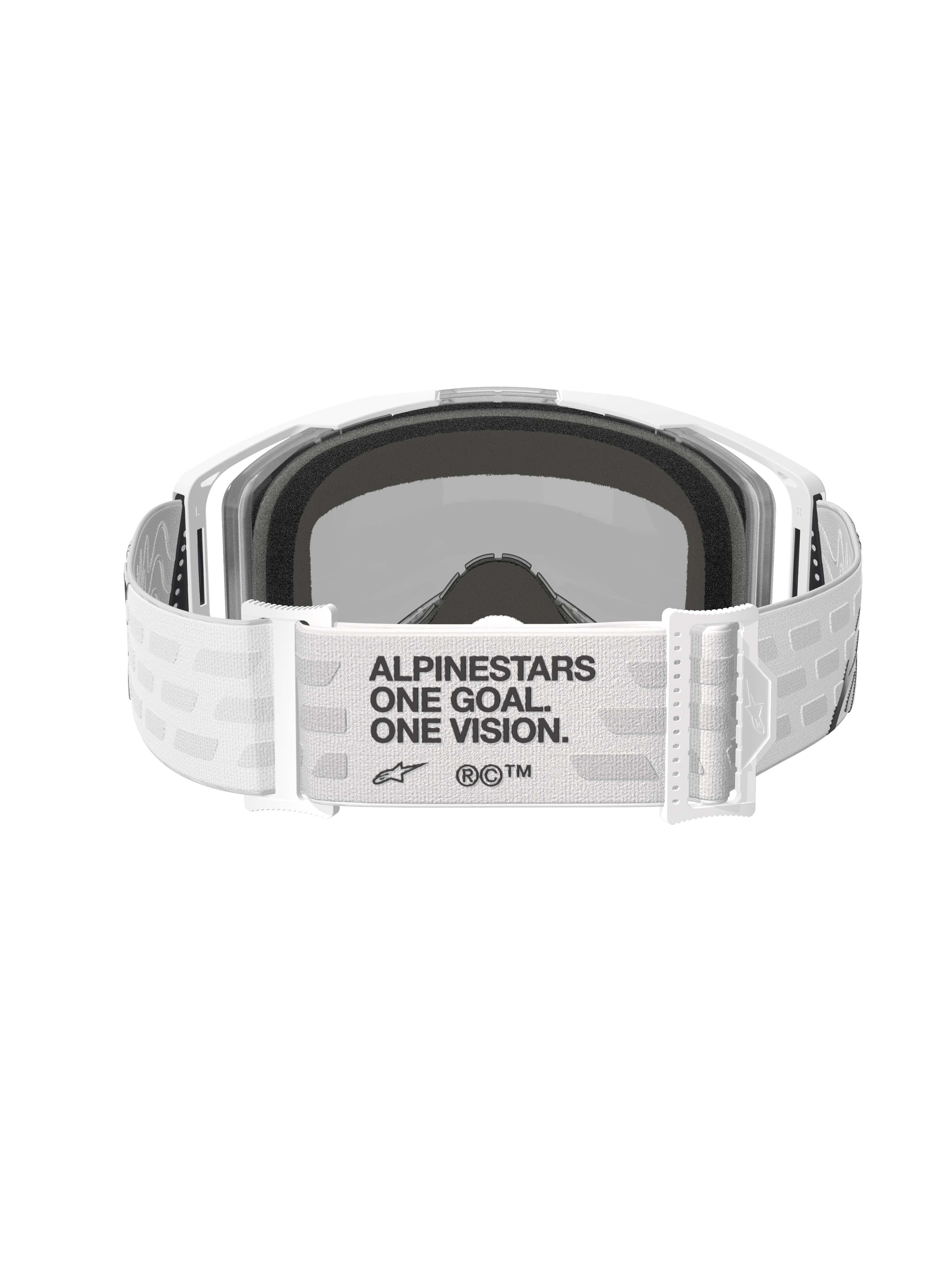 Alpinestars Vision 8 Corp Goggles, Motocross Goggles, White with Mirror Silver lens, rear view featuring a wide white woven strap with black 'ALPINESTARS ONE GOAL. ONE VISION.' text, adjustable buckles and comfortable face foam, designed for off-road performance
