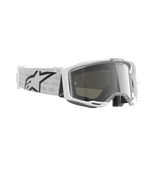 Alpinestars Vision 8 Corp Goggles, Motocross Goggles, White and Mirror Silver, featuring a white A-FLEX frame with silver mirrored lens and a white woven strap with a large black Alpinestars star logo