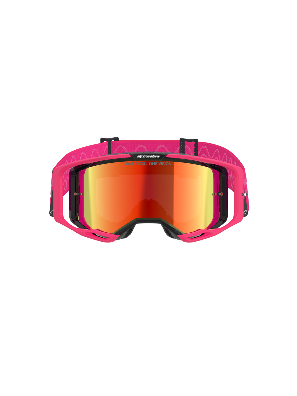 Alpinestars Vision 8 Corp Goggles, motocrossglasögon, rosa ram med röd spegellins, bred rosa rem med vågigt silikonmönster, A-FLEX-ram med utliggare, högpresterande glasögon för terrängkörning