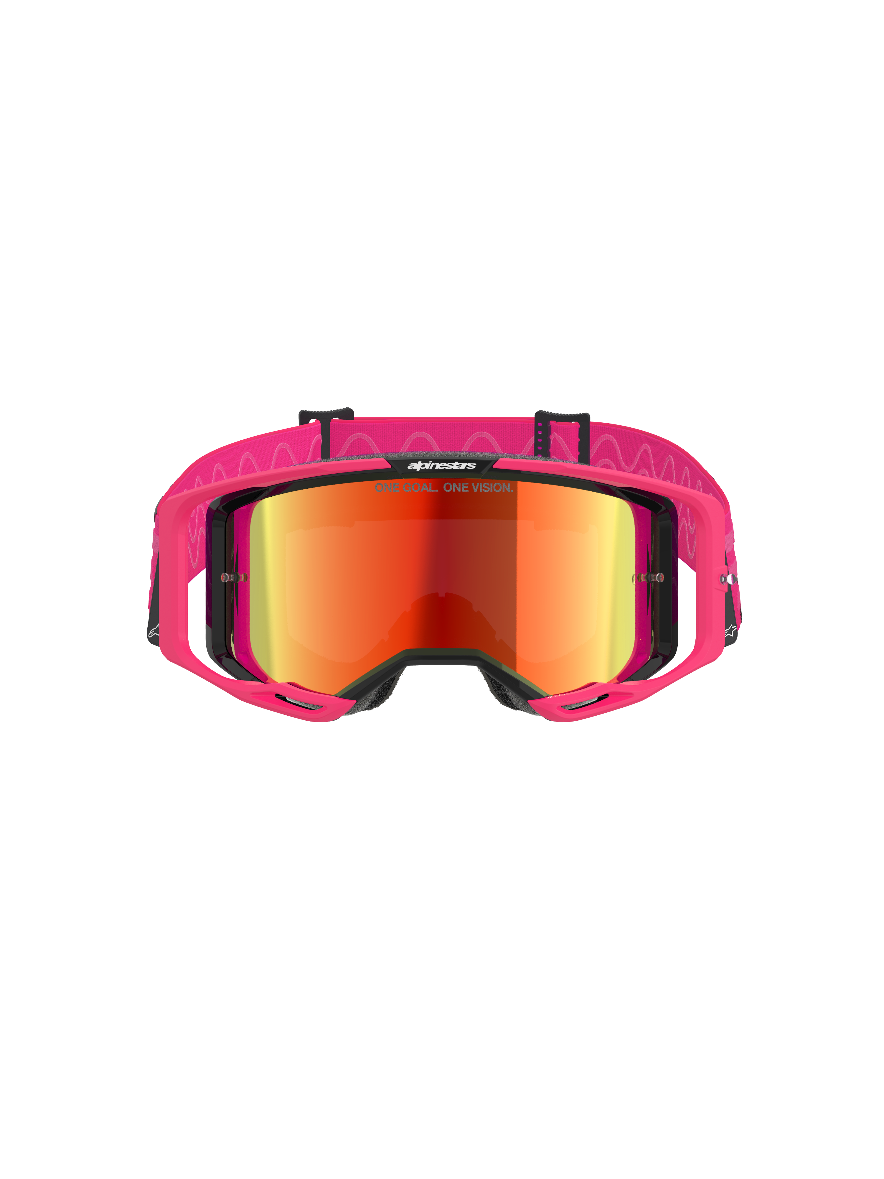 Alpinestars Vision 8 Corp Goggles, motocrossglasögon, rosa ram med röd spegellins, bred rosa rem med vågigt silikonmönster, A-FLEX-ram med utliggare, högpresterande glasögon för terrängkörning