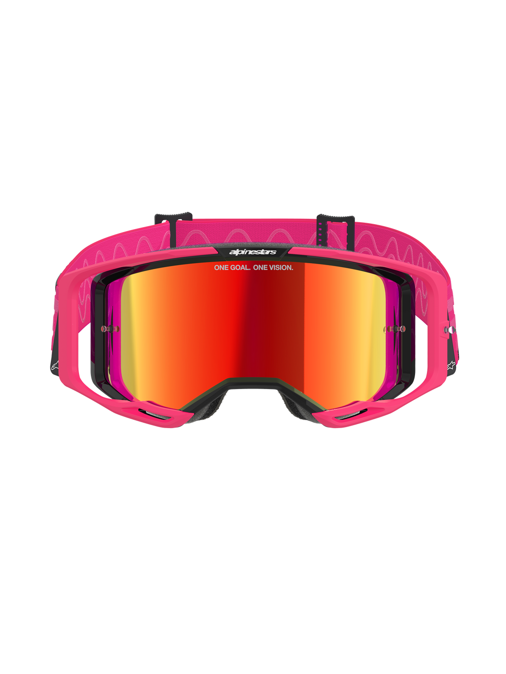 Alpinestars Vision 8 Corp Goggles, motocrossglasögon, Pink Mirror Red, med rosa A-FLEX-ram och röd spegellins, rosa rem med vita vågmönster och logotyp, professionella skyddsglasögon för terrängkörning