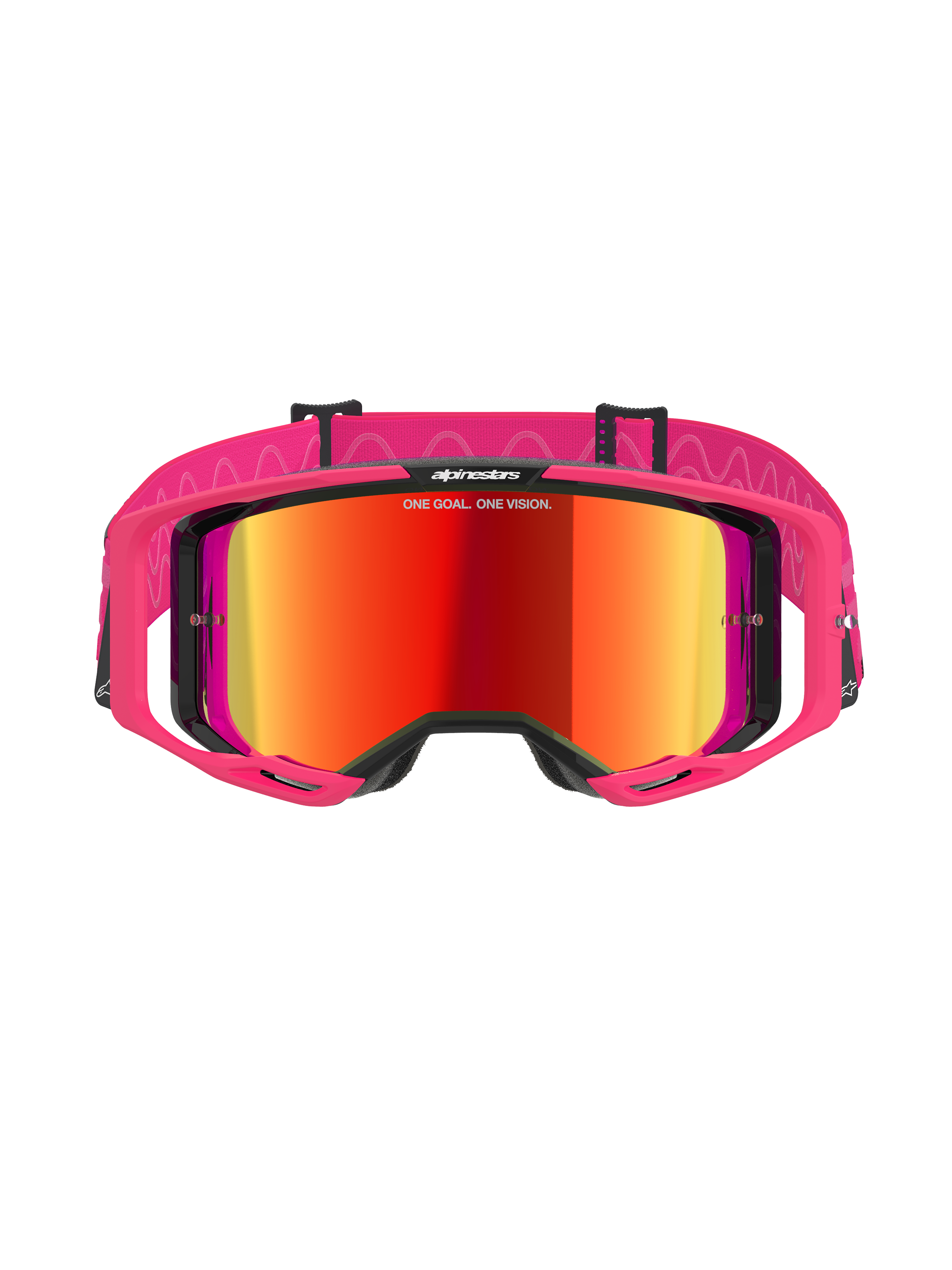 Alpinestars Vision 8 Corp Goggles, motocrossglasögon, Pink Mirror Red, med rosa A-FLEX-ram och röd spegellins, rosa rem med vita vågmönster och logotyp, professionella skyddsglasögon för terrängkörning