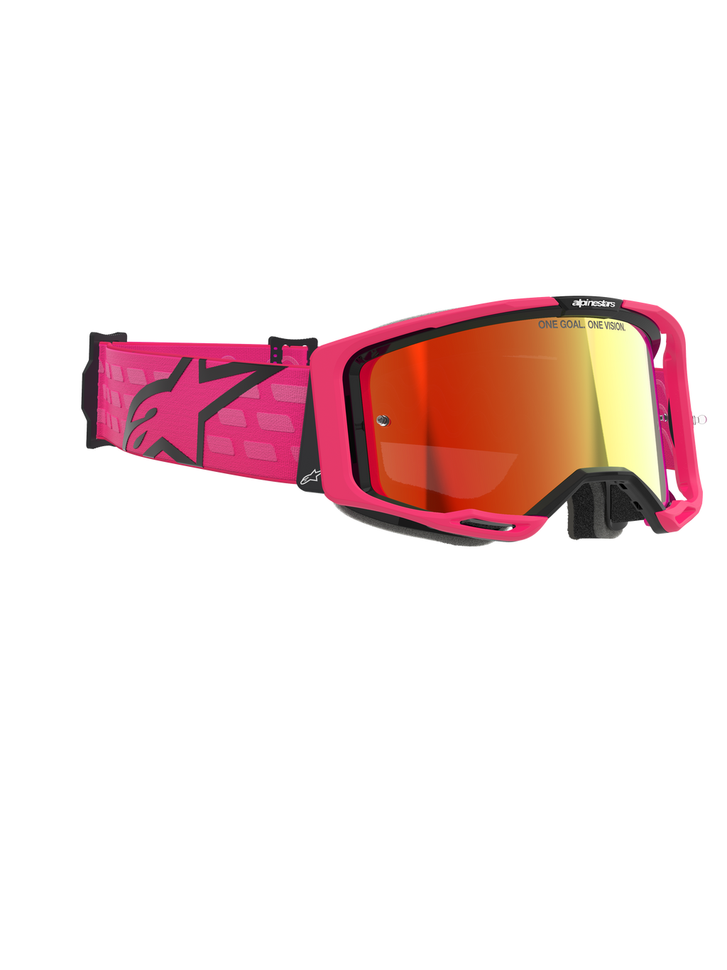 Alpinestars Vision 8 Corp Goggles, motocrossglasögon, rosa och spegelröd, med en klarrosa ram och brett band med en svart Alpinestars-logotyp, röd speglad imfri lins, högpresterande glasögon för terrängkörning