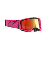 Alpinestars Vision 8 Corp Goggles, motocrossglasögon, rosa och spegelröd, med en klarrosa ram och brett band med en svart Alpinestars-logotyp, röd speglad imfri lins, högpresterande glasögon för terrängkörning