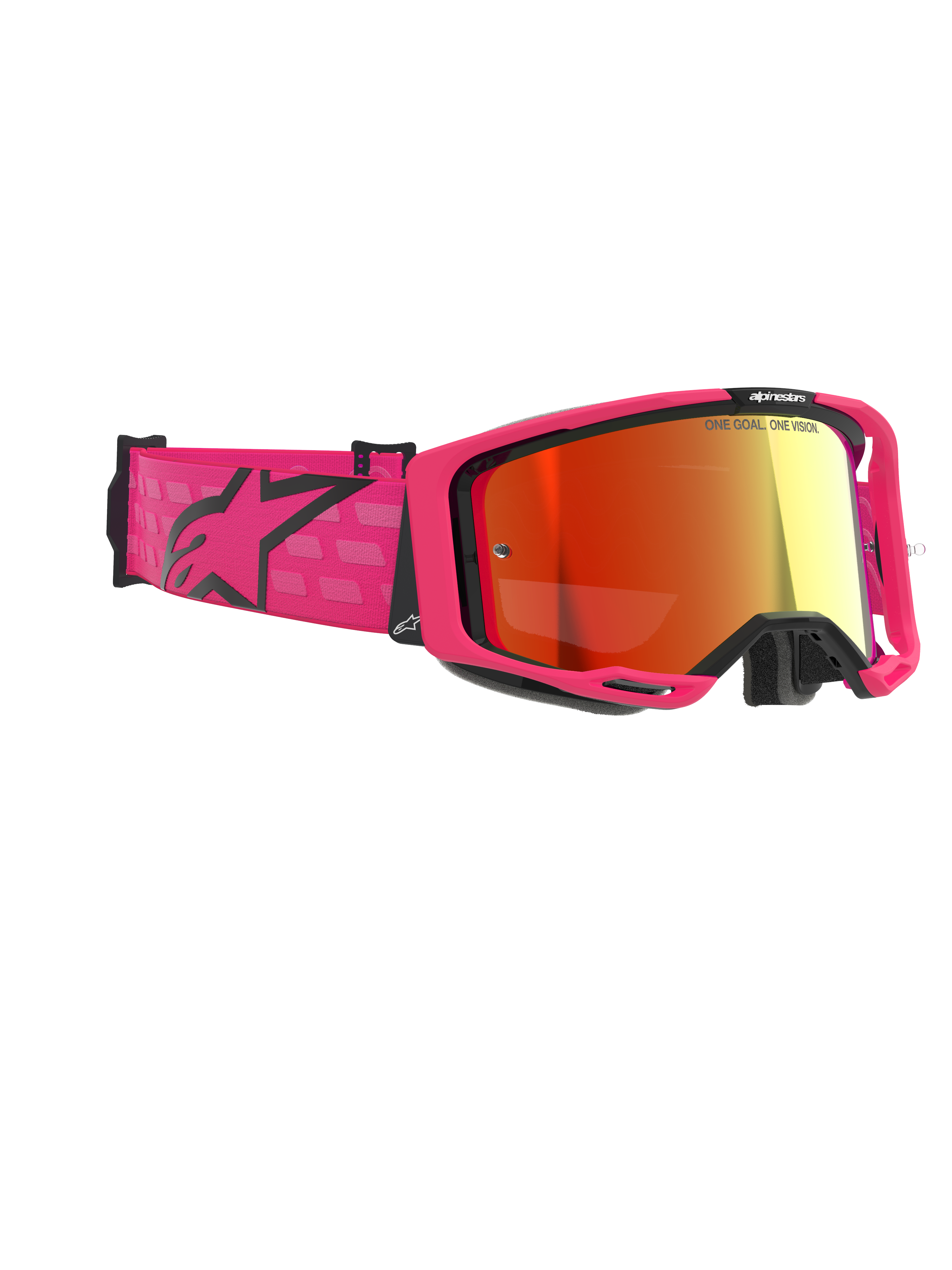 Alpinestars Vision 8 Corp Goggles, motocrossglasögon, rosa och spegelröd, med en klarrosa ram och brett band med en svart Alpinestars-logotyp, röd speglad imfri lins, högpresterande glasögon för terrängkörning