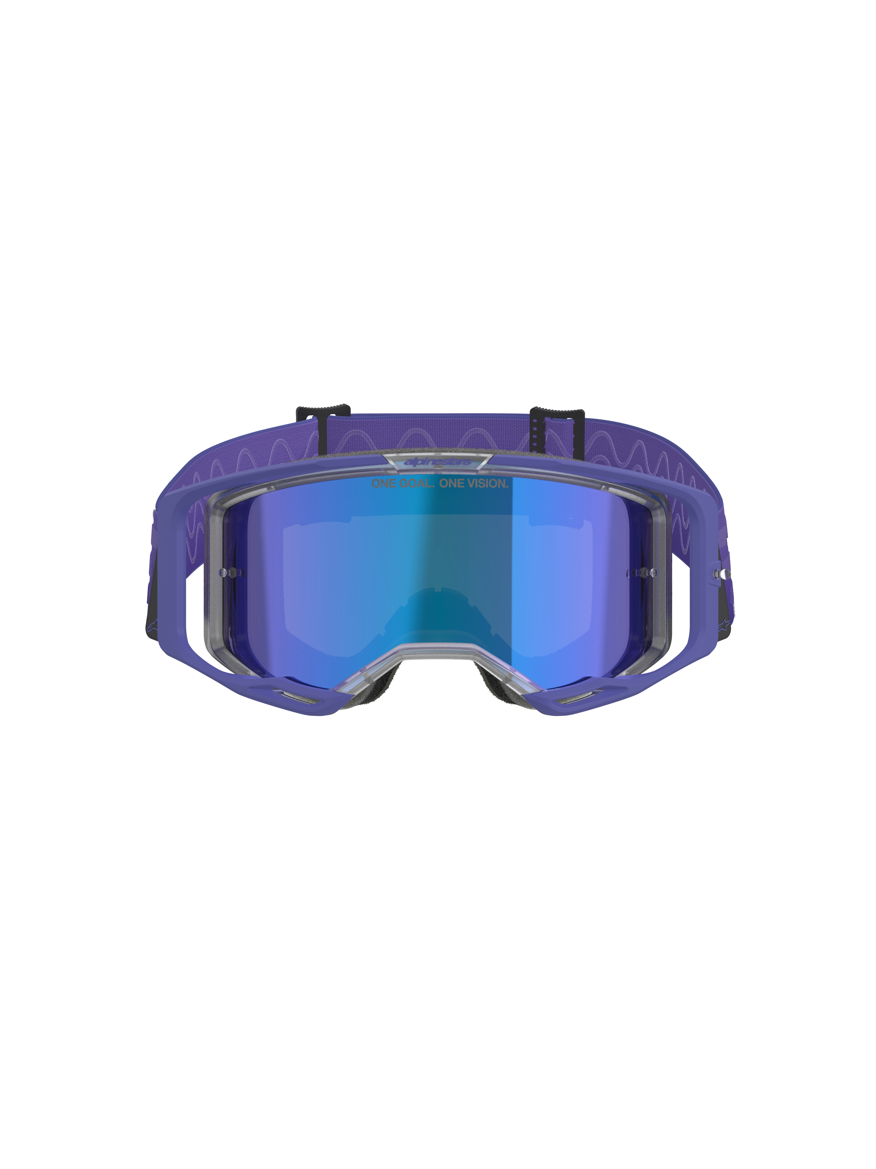 Alpinestars Vision 8 Corp Goggles, Motocross Goggles, Purple Frame with Blue Mirror Lens, purple strap with wavy pattern, high-performance eye protection for off-road racing