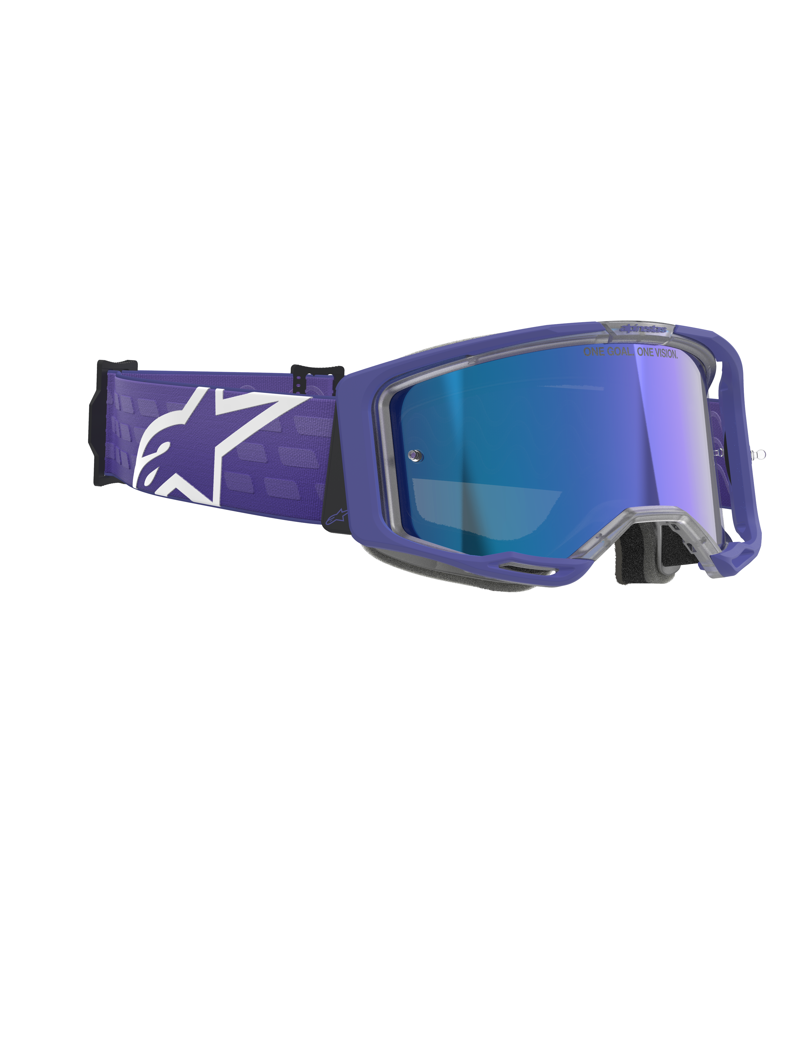 Alpinestars Vision 8 Corp Goggles, Motocross Goggles, Purple Mirror Blue, featuring a purple frame with a mirrored blue anti-fog lens, wide purple strap with bold white Alpinestars logo, high-performance eye protection for off-road racing